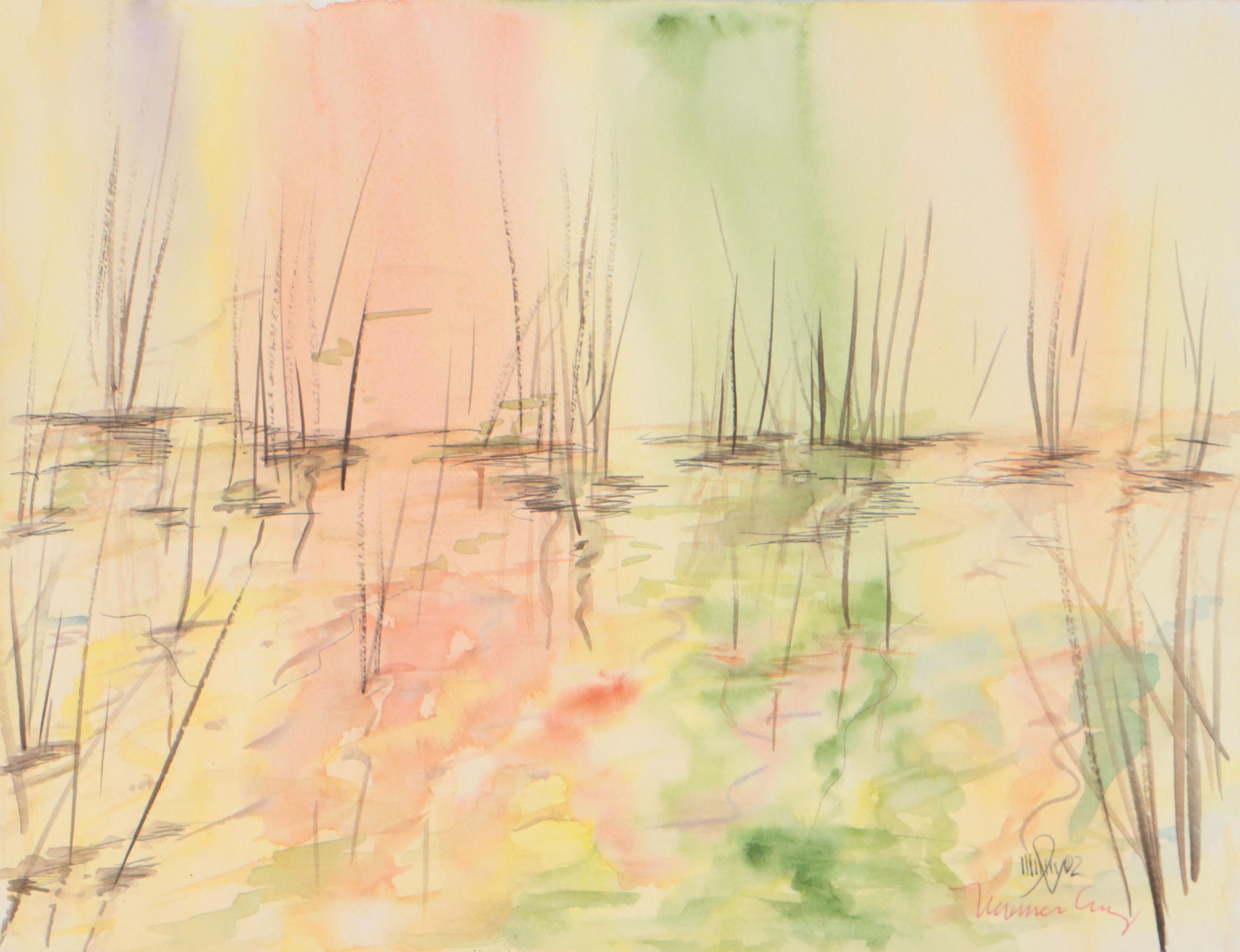 Watercolor Painting of Reeds in Pond Landscape