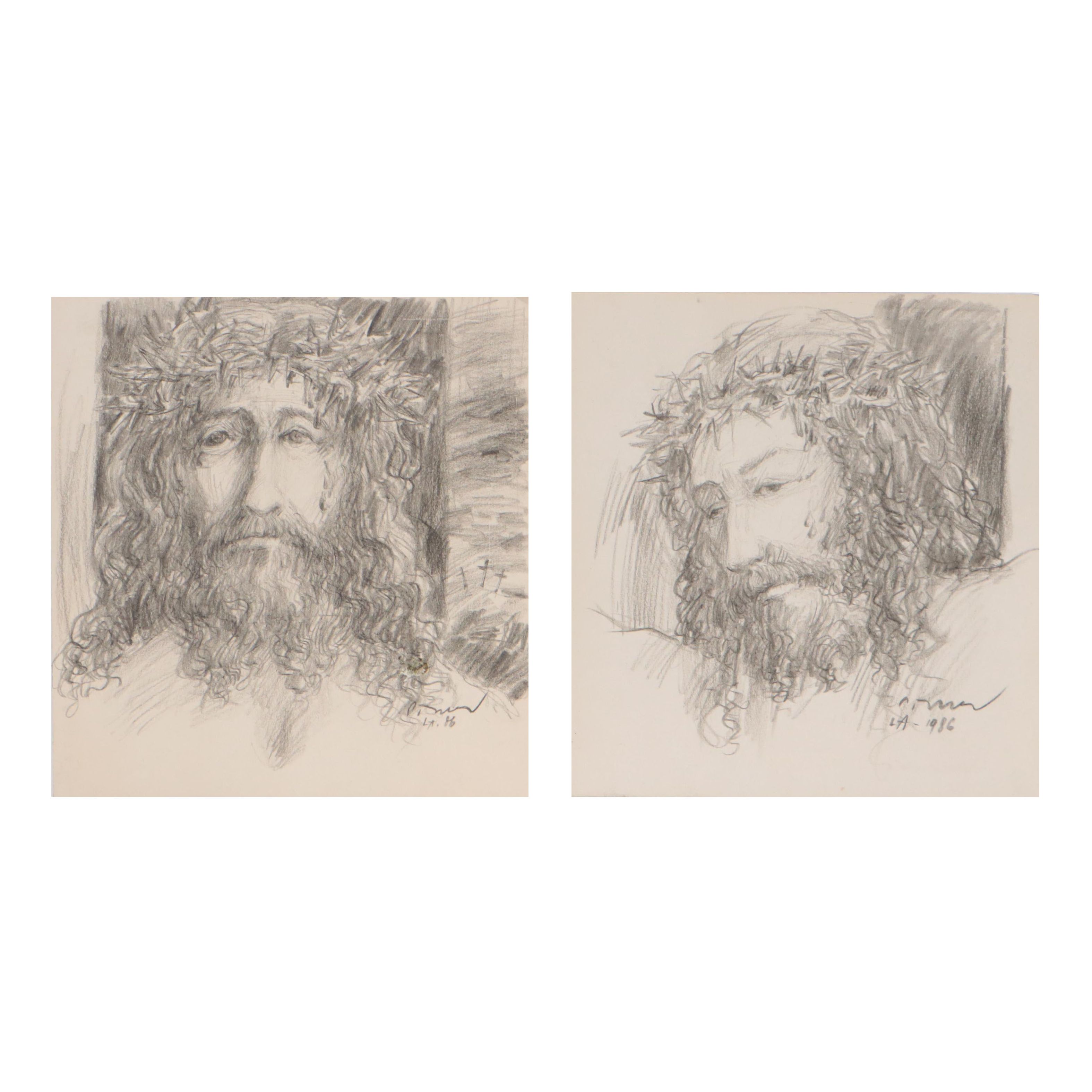 Black Crayon Drawings of Portraits of Christ, 1986