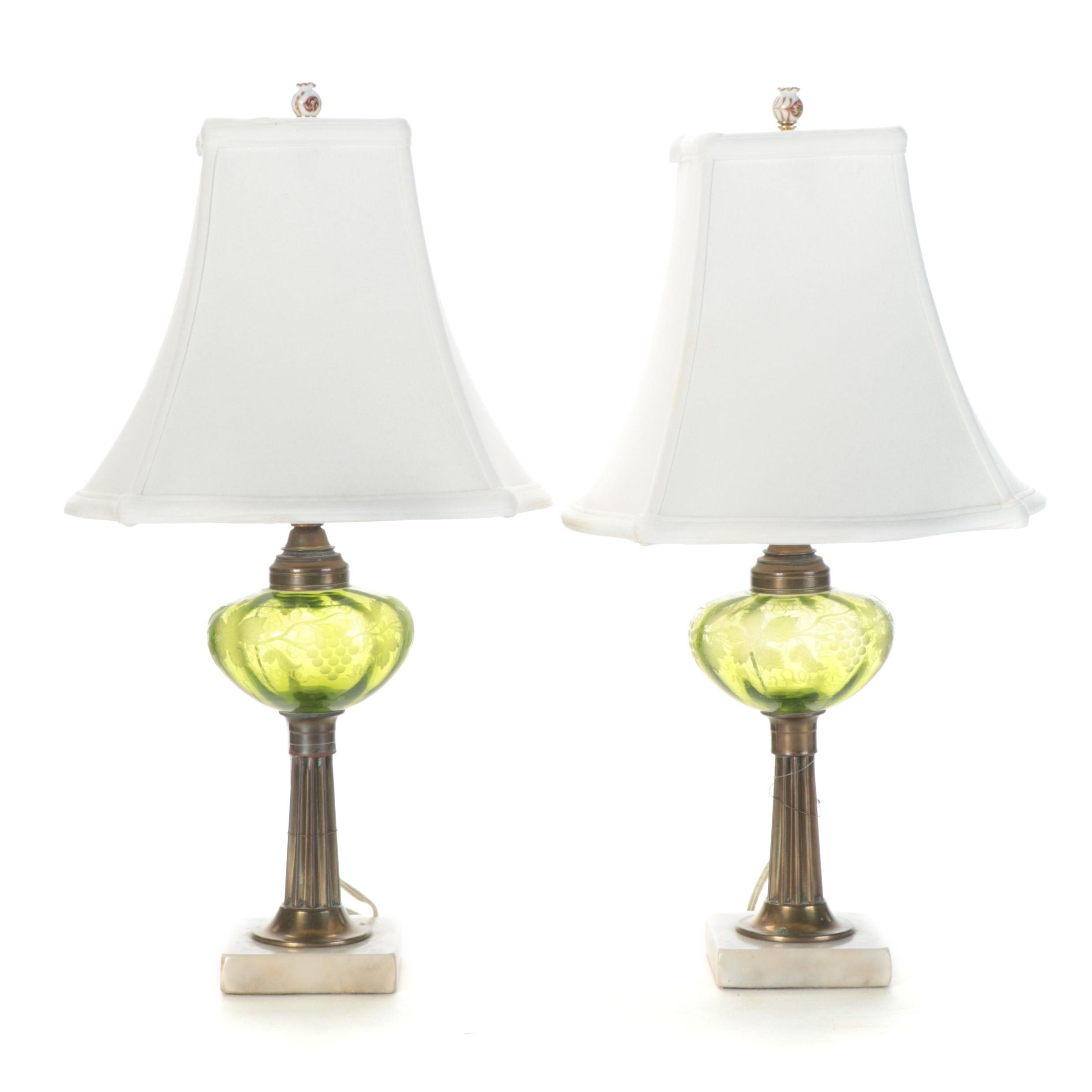 Pair of Etched Green Glass, Marble and Brass Oil Lamps, Adapted Late 20th C