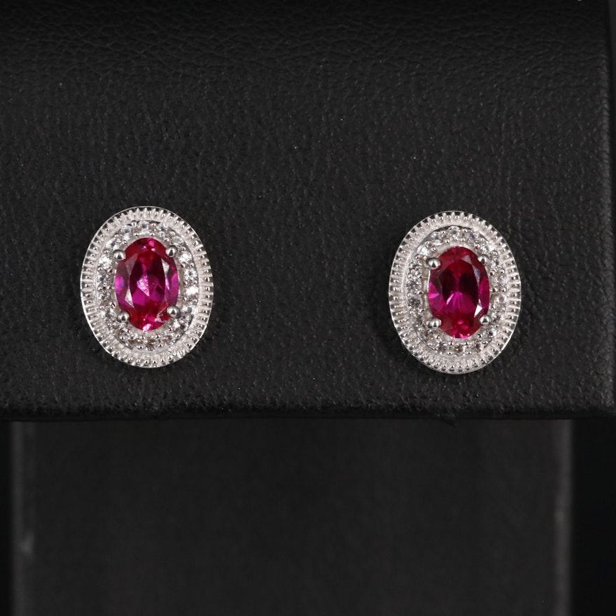 Sterling Ruby and Sapphire Halo Stud Earrings