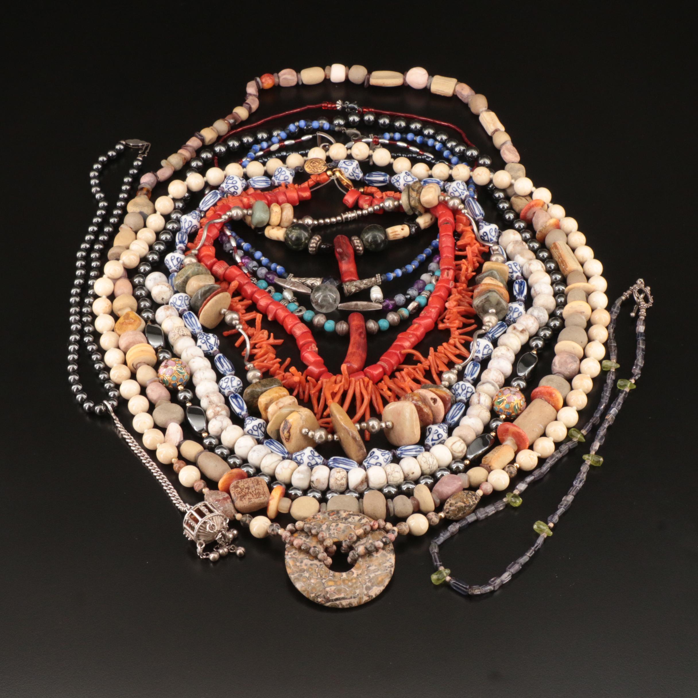 Necklaces, Hanks and Components Including Coral, Moss Agate and Jasper