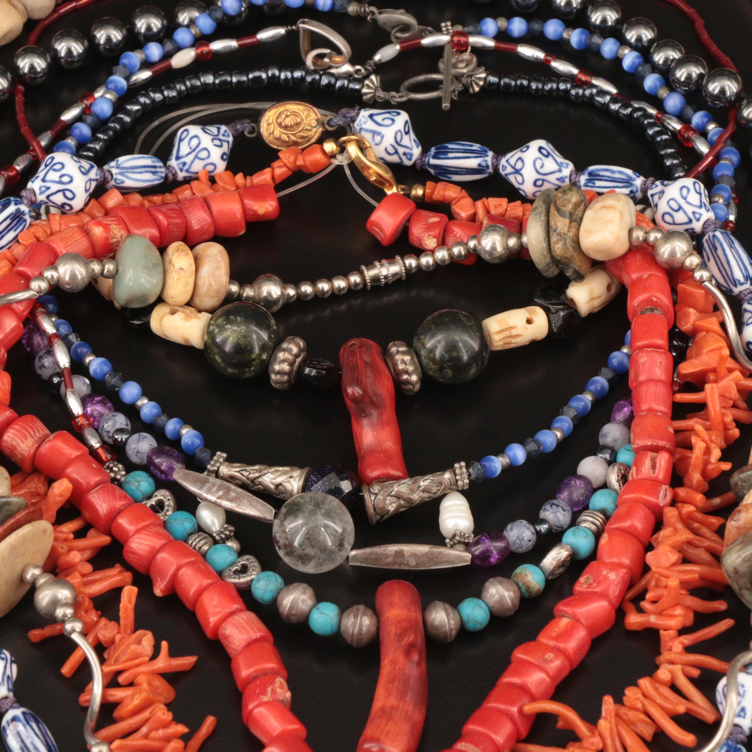 Necklaces, Hanks and Components Including Coral, Moss Agate and Jasper