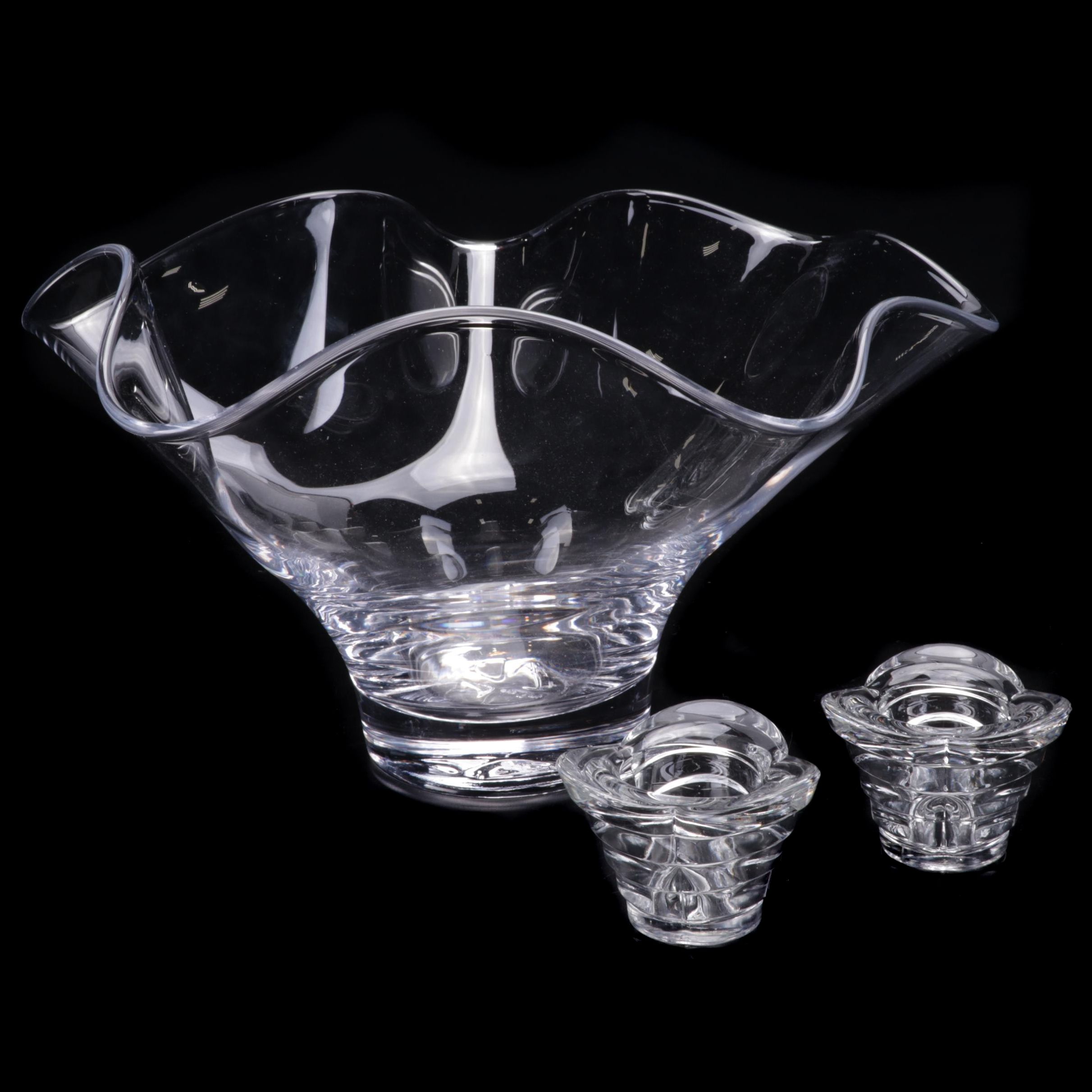 Simon Pearce "Chelsea" Blown Glass Centerpiece Bowl With Italian Votive Holders