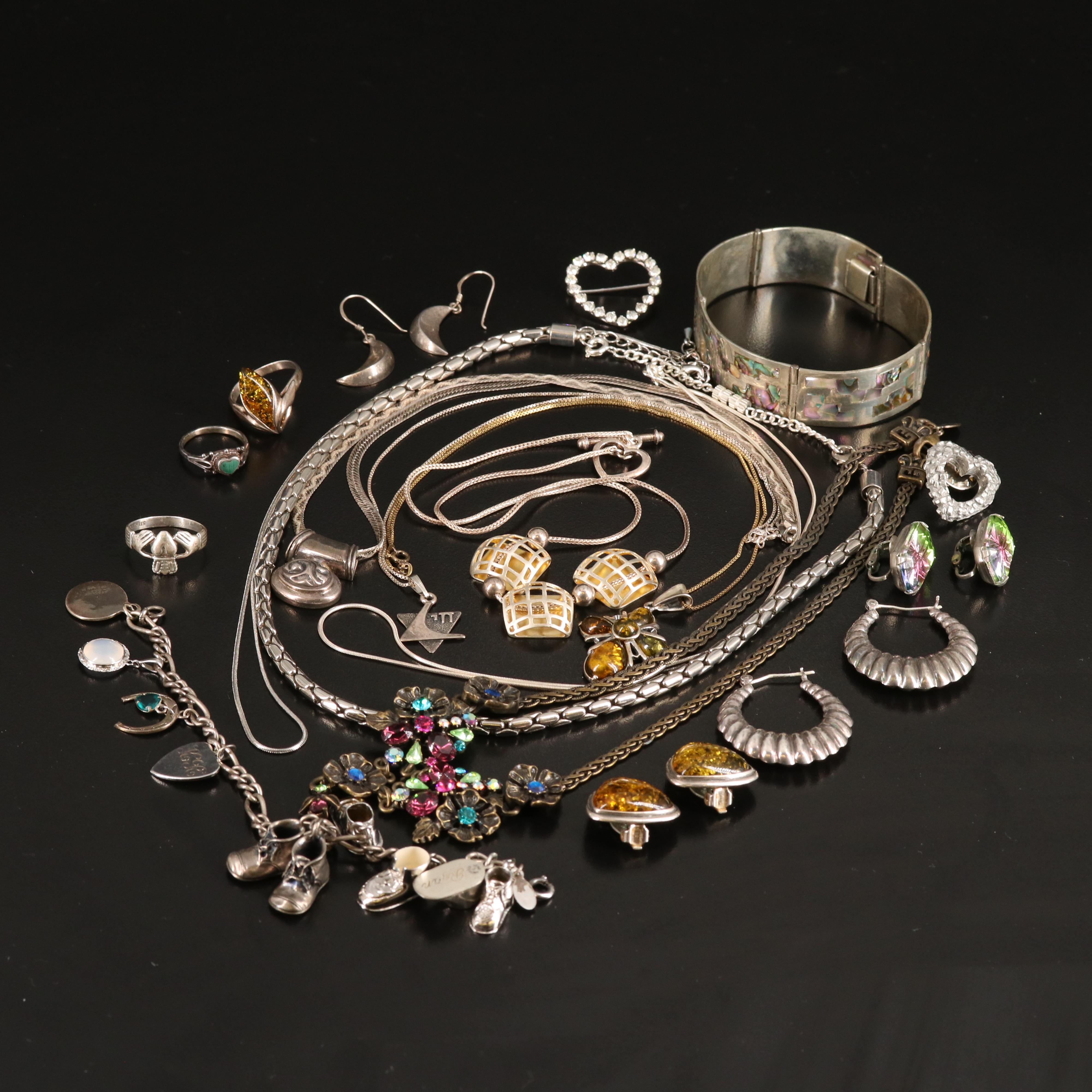 Abalone, Agate and Amber Featured in Jewelry Assortment Including Sterling