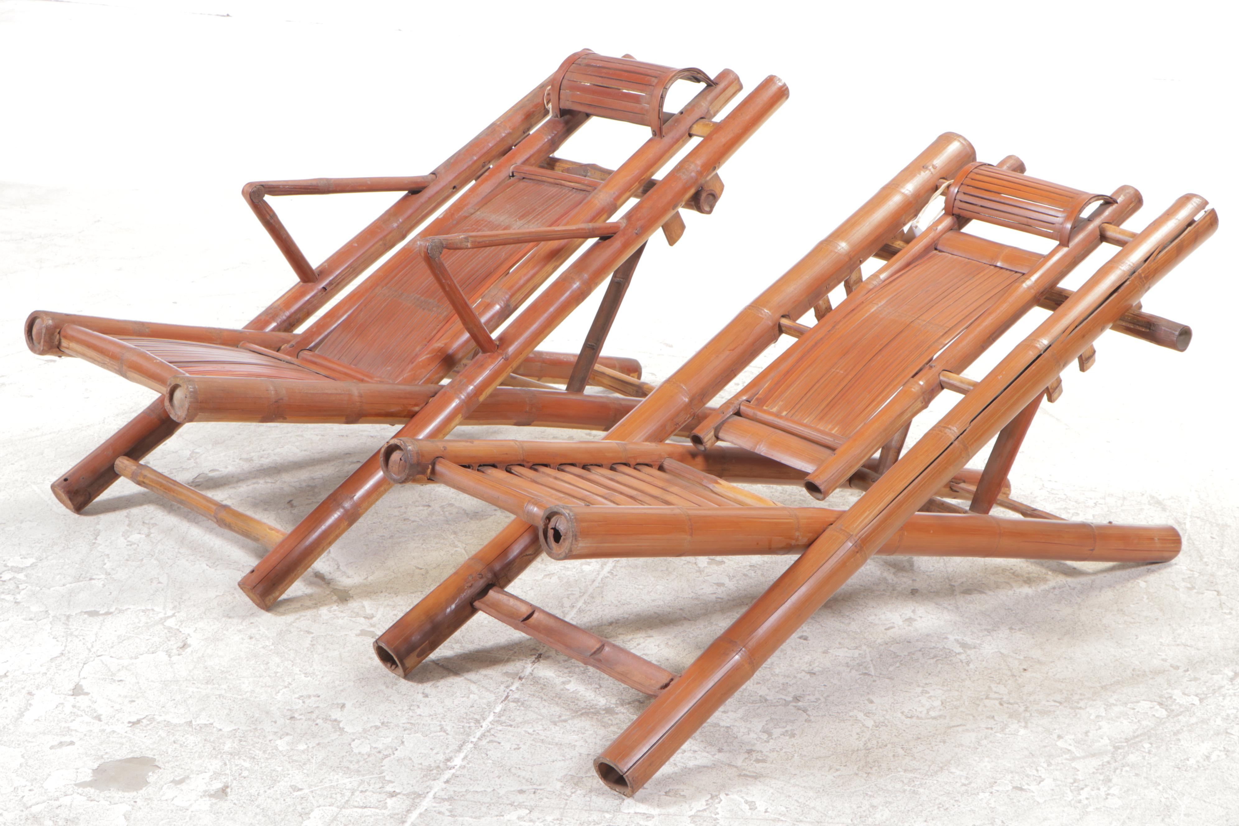 Pair of Chinese Bamboo Folding Steamer Deck Lounge Chairs