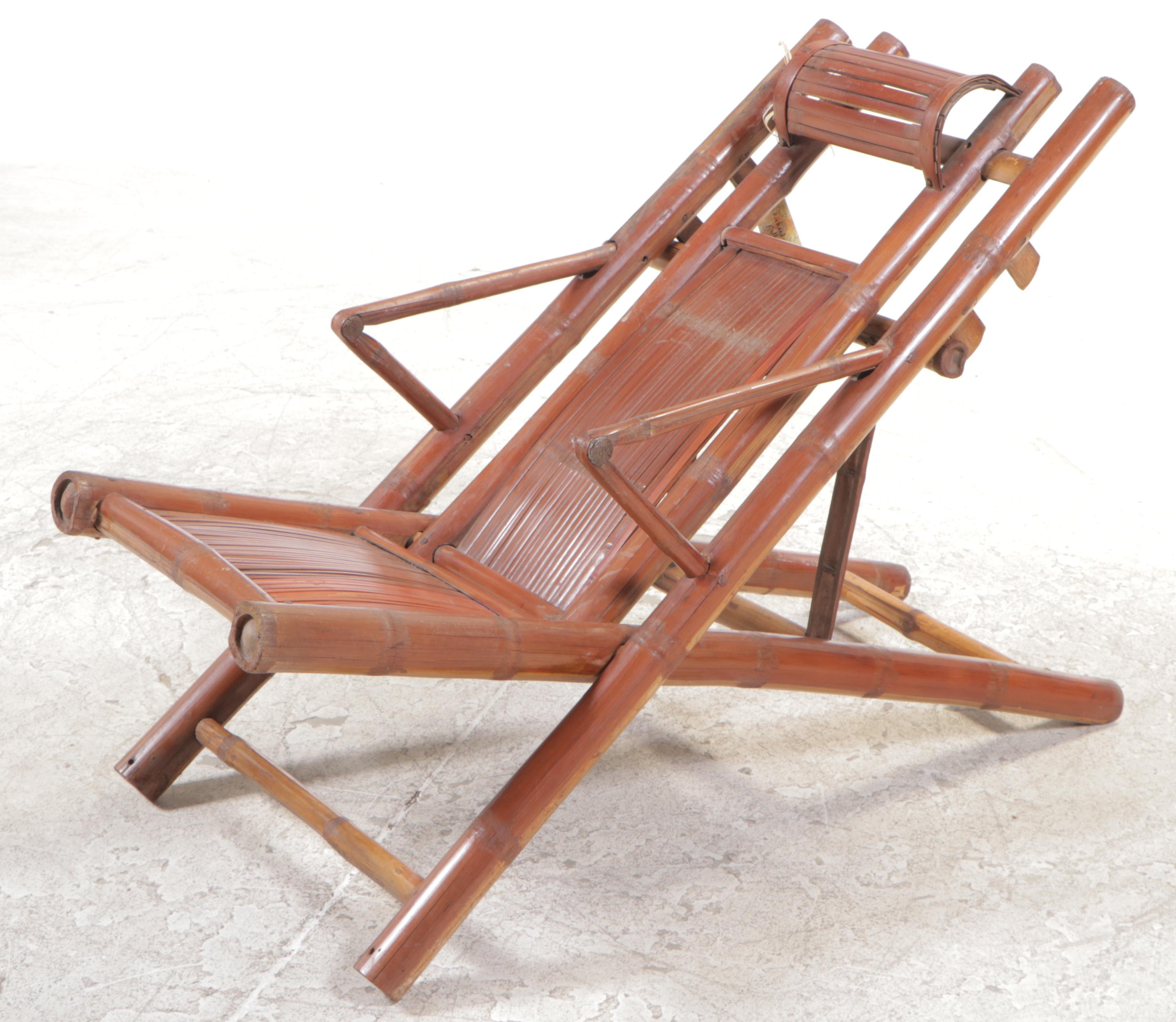Pair of Chinese Bamboo Folding Steamer Deck Lounge Chairs