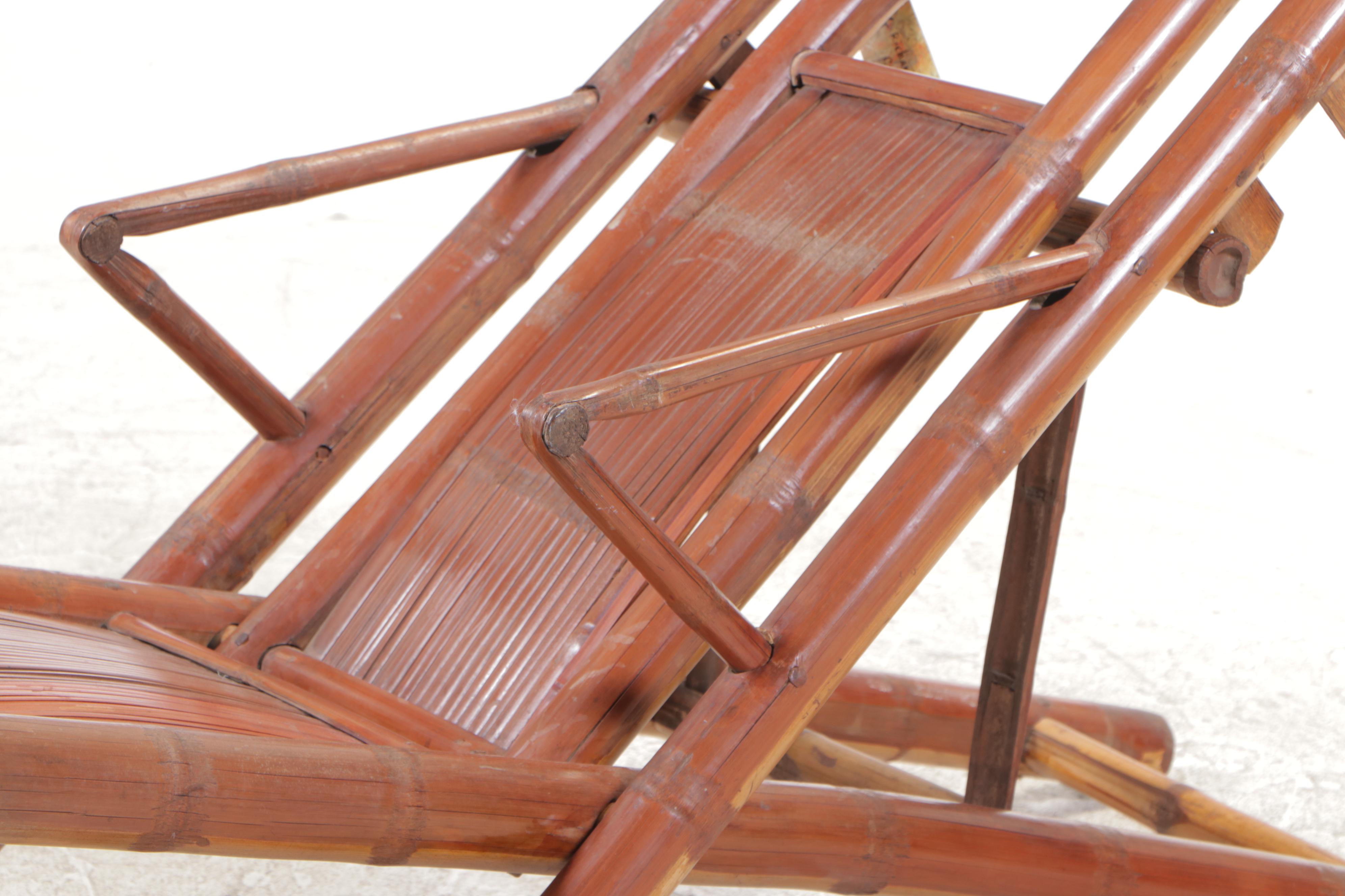 Pair of Chinese Bamboo Folding Steamer Deck Lounge Chairs