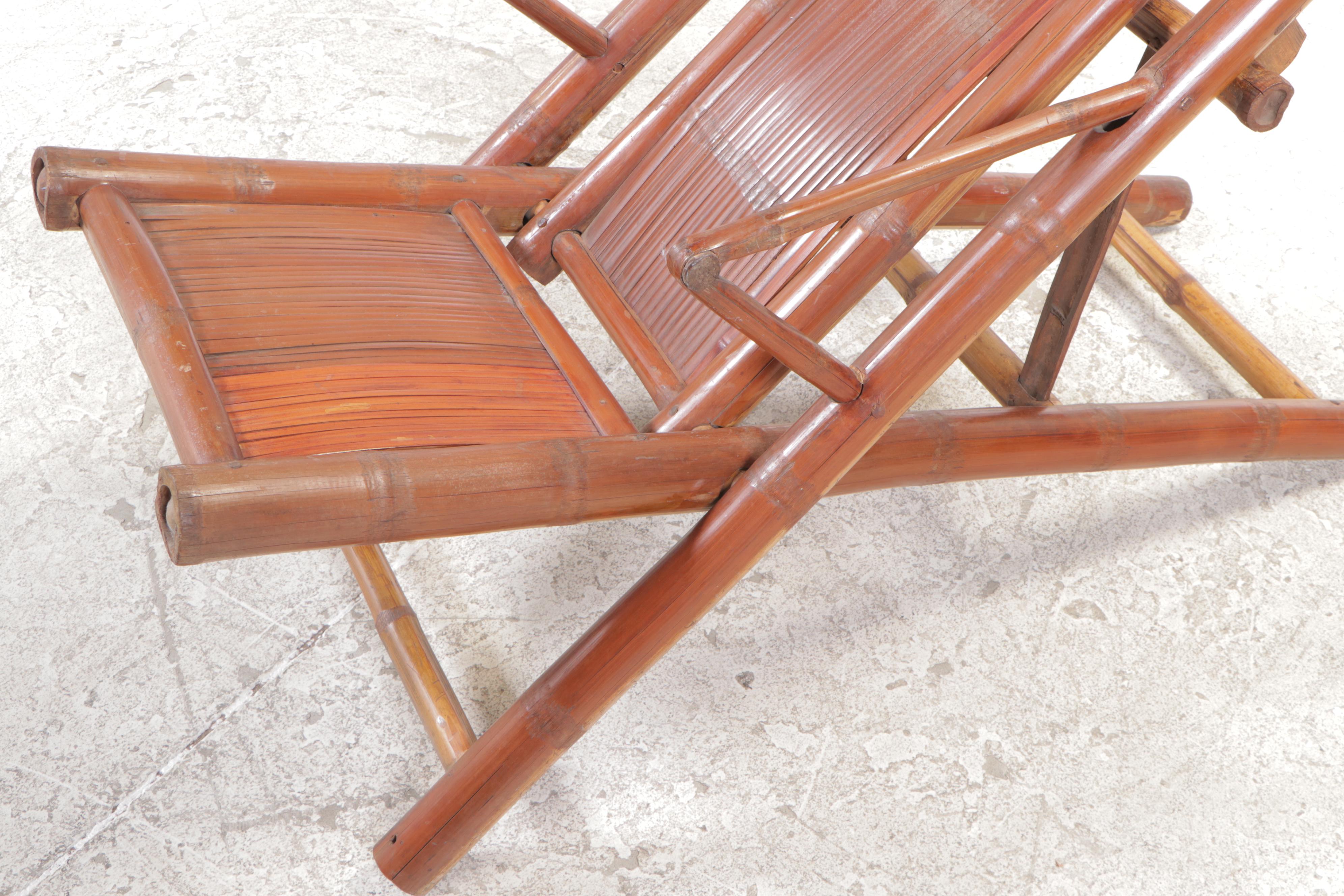 Pair of Chinese Bamboo Folding Steamer Deck Lounge Chairs