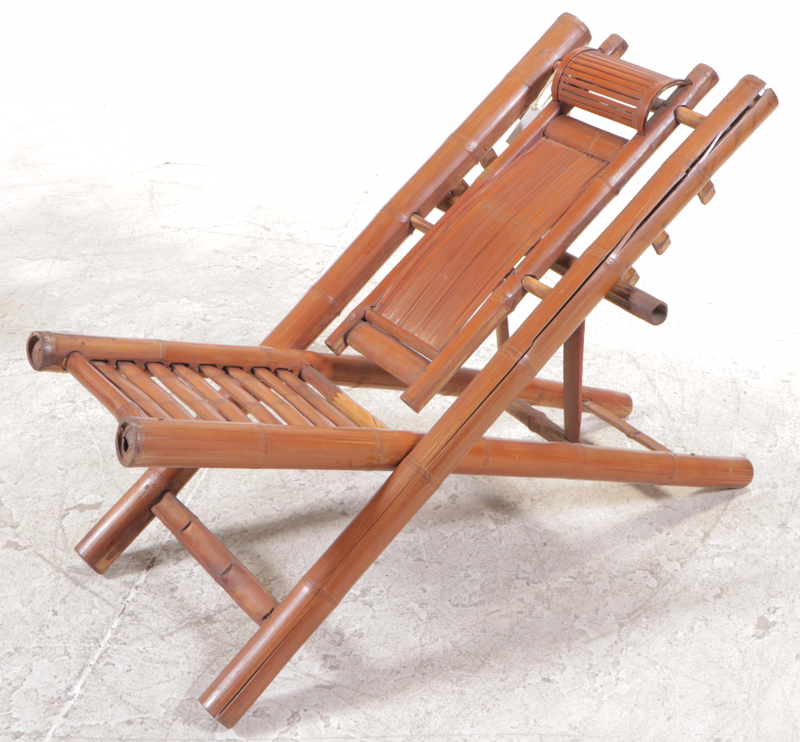 Pair of Chinese Bamboo Folding Steamer Deck Lounge Chairs