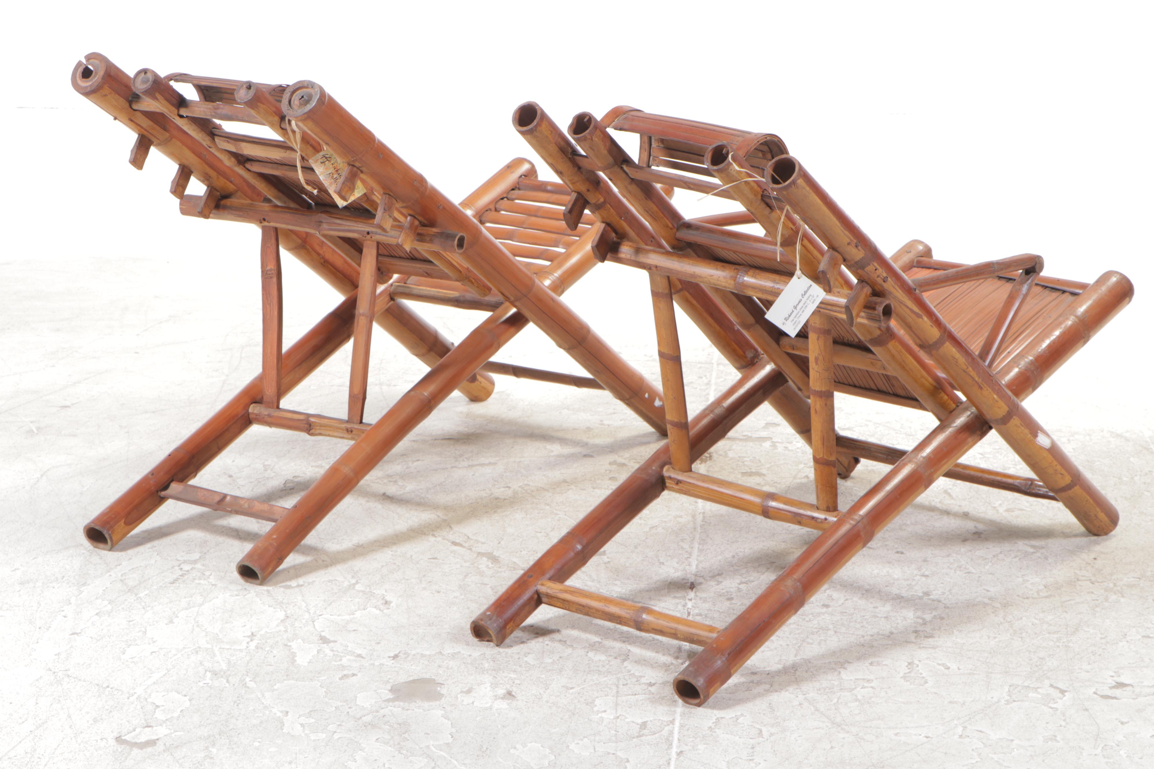 Pair of Chinese Bamboo Folding Steamer Deck Lounge Chairs