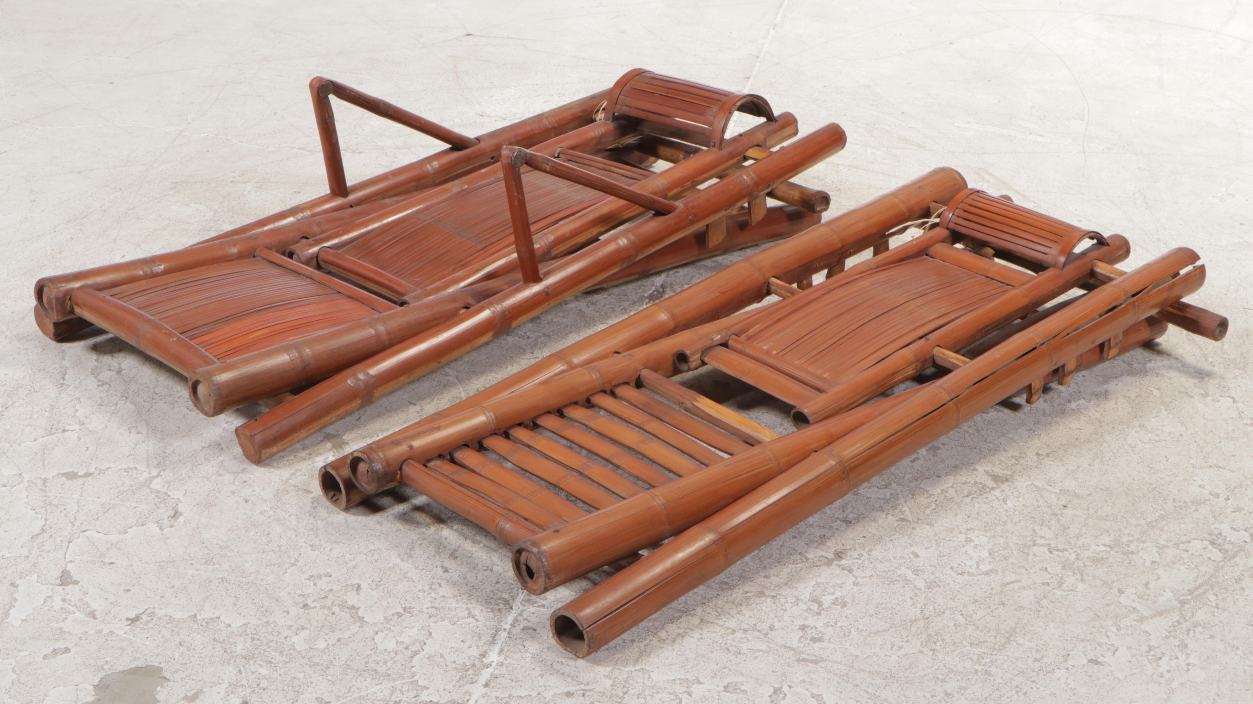 Pair of Chinese Bamboo Folding Steamer Deck Lounge Chairs