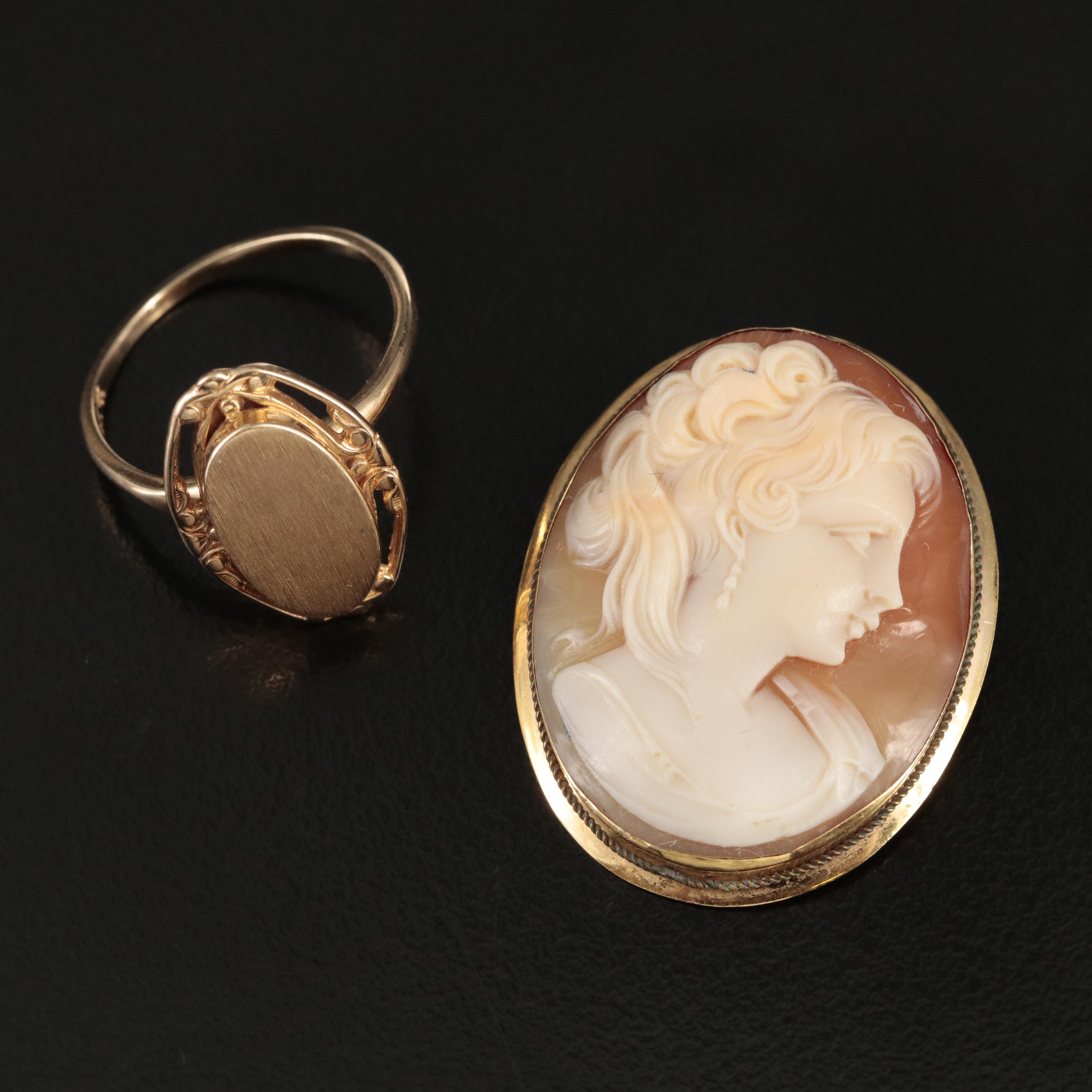 Vintage 14K Shell Converter Brooch and 14K Signet Ring