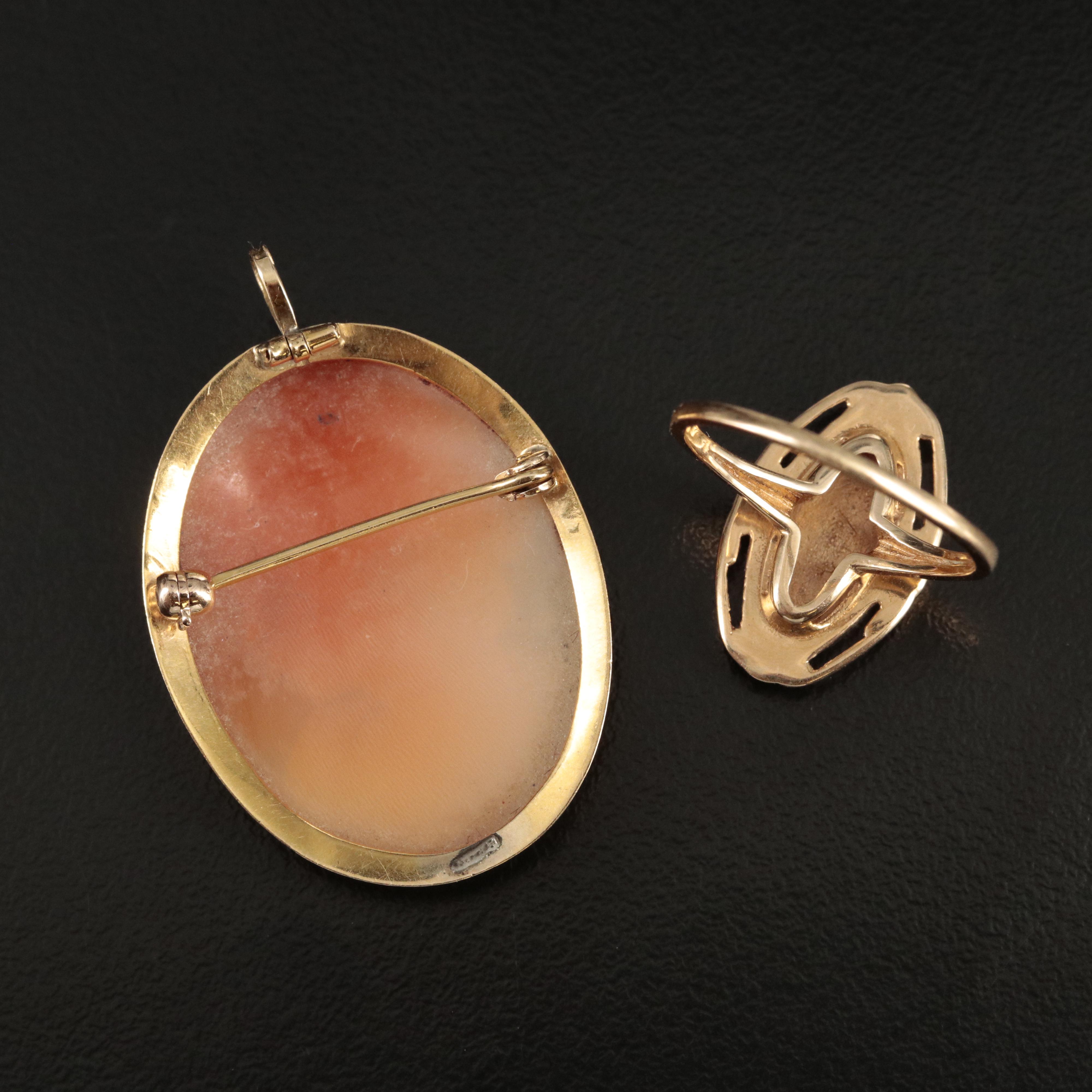 Vintage 14K Shell Converter Brooch and 14K Signet Ring