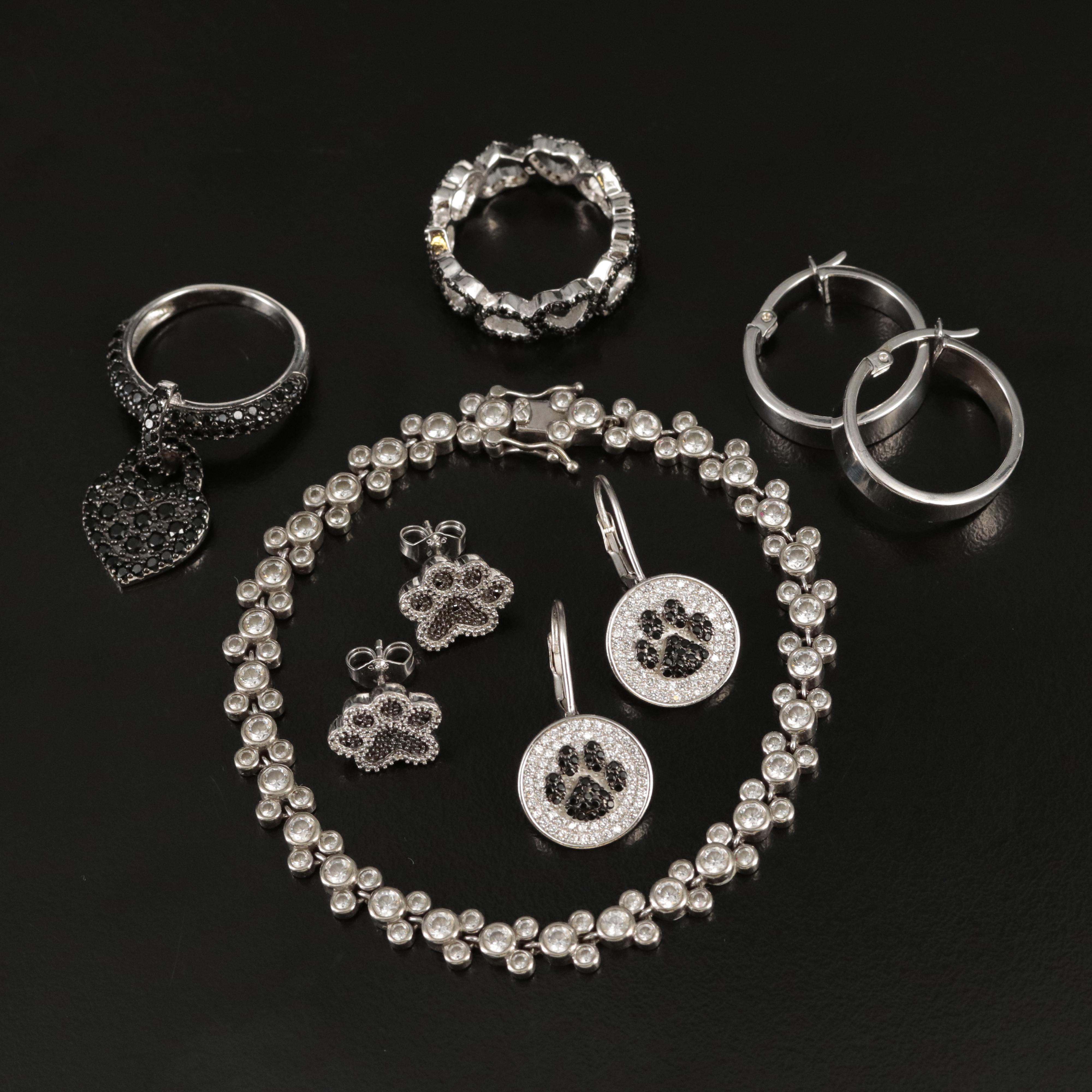 Sterling Grouping Including Disney Mickey Mouse Bracelet and Paw Earrings