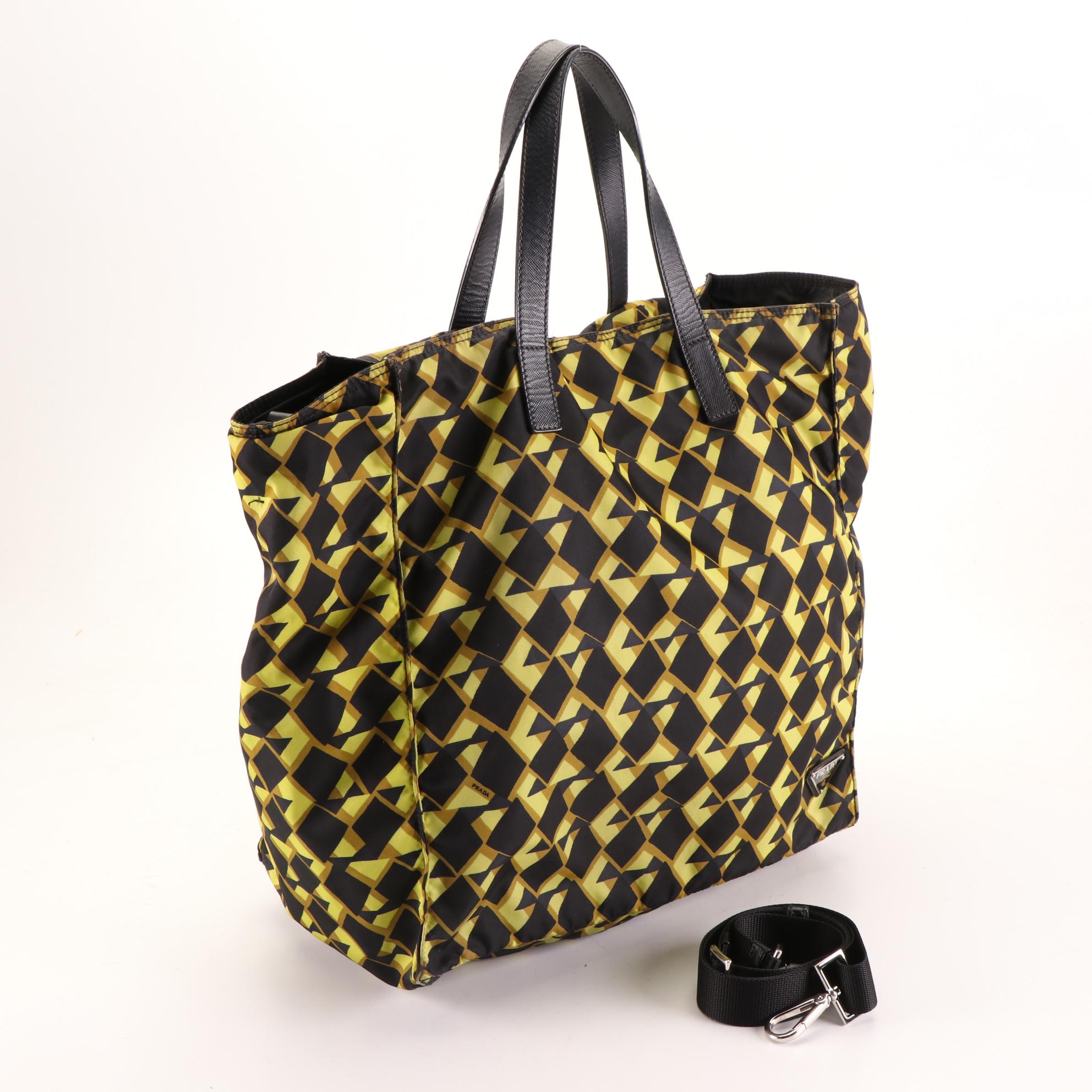 Prada Large Tote Bag in Printed Nylon Gabardine and Saffiano Leather w/Strap