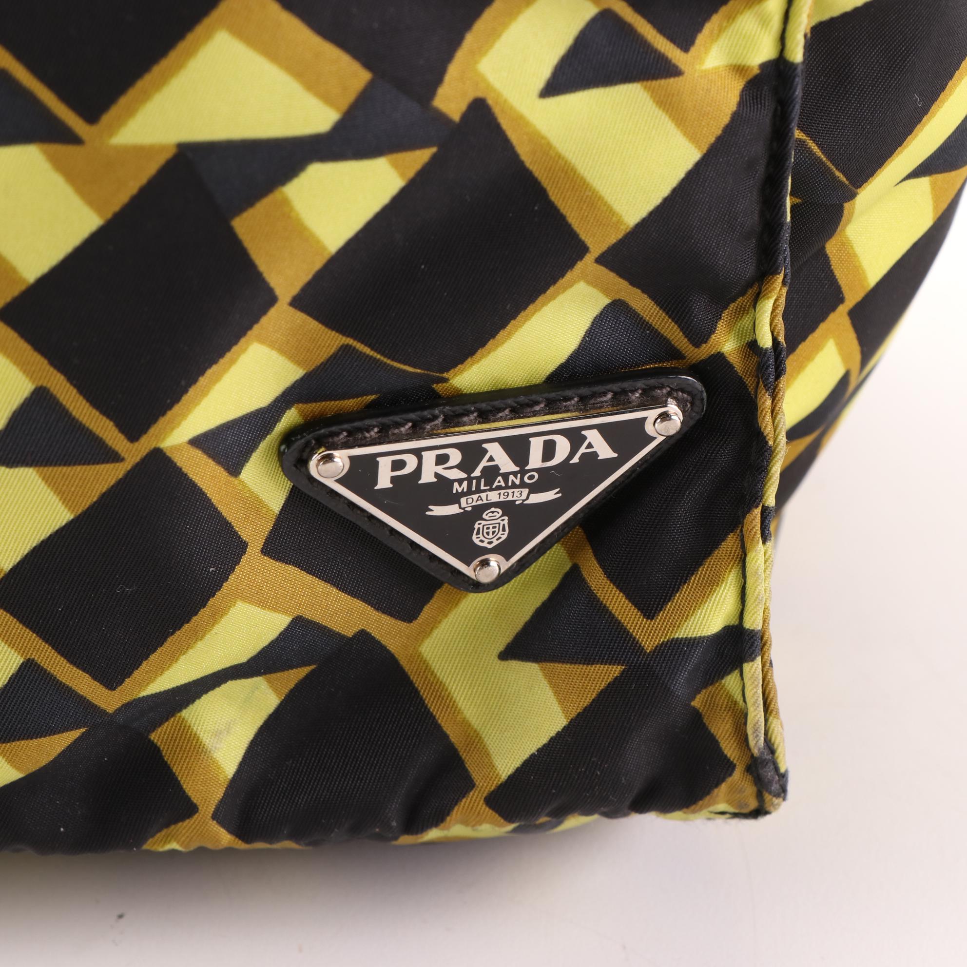 Prada Large Tote Bag in Printed Nylon Gabardine and Saffiano Leather w/Strap