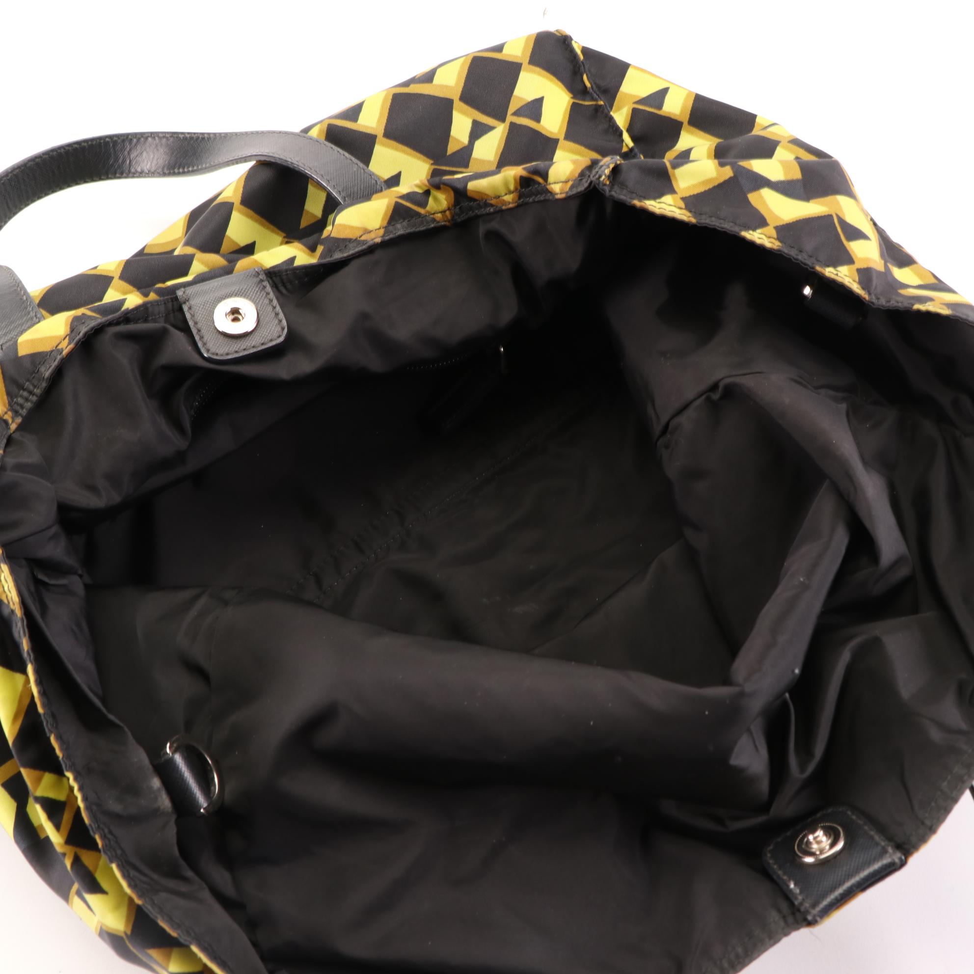Prada Large Tote Bag in Printed Nylon Gabardine and Saffiano Leather w/Strap