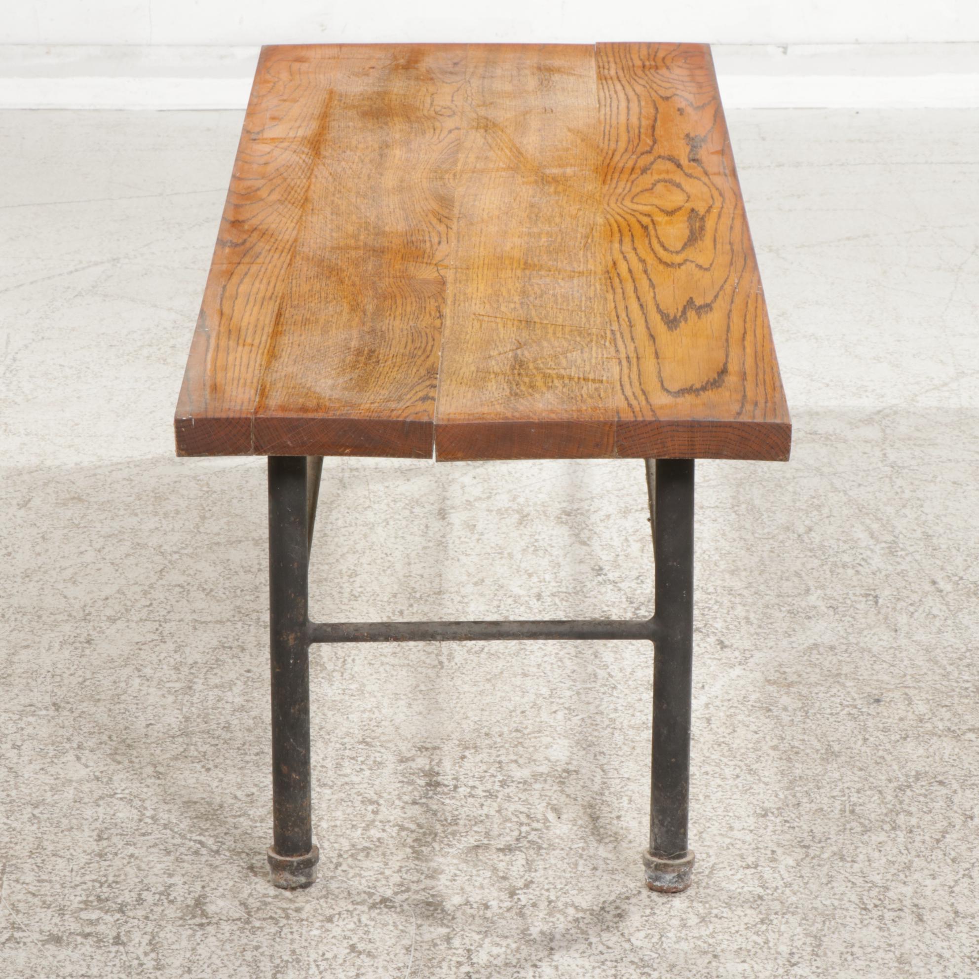Industrial Style Oak and Iron Bench Coffee Table with Glass Panel