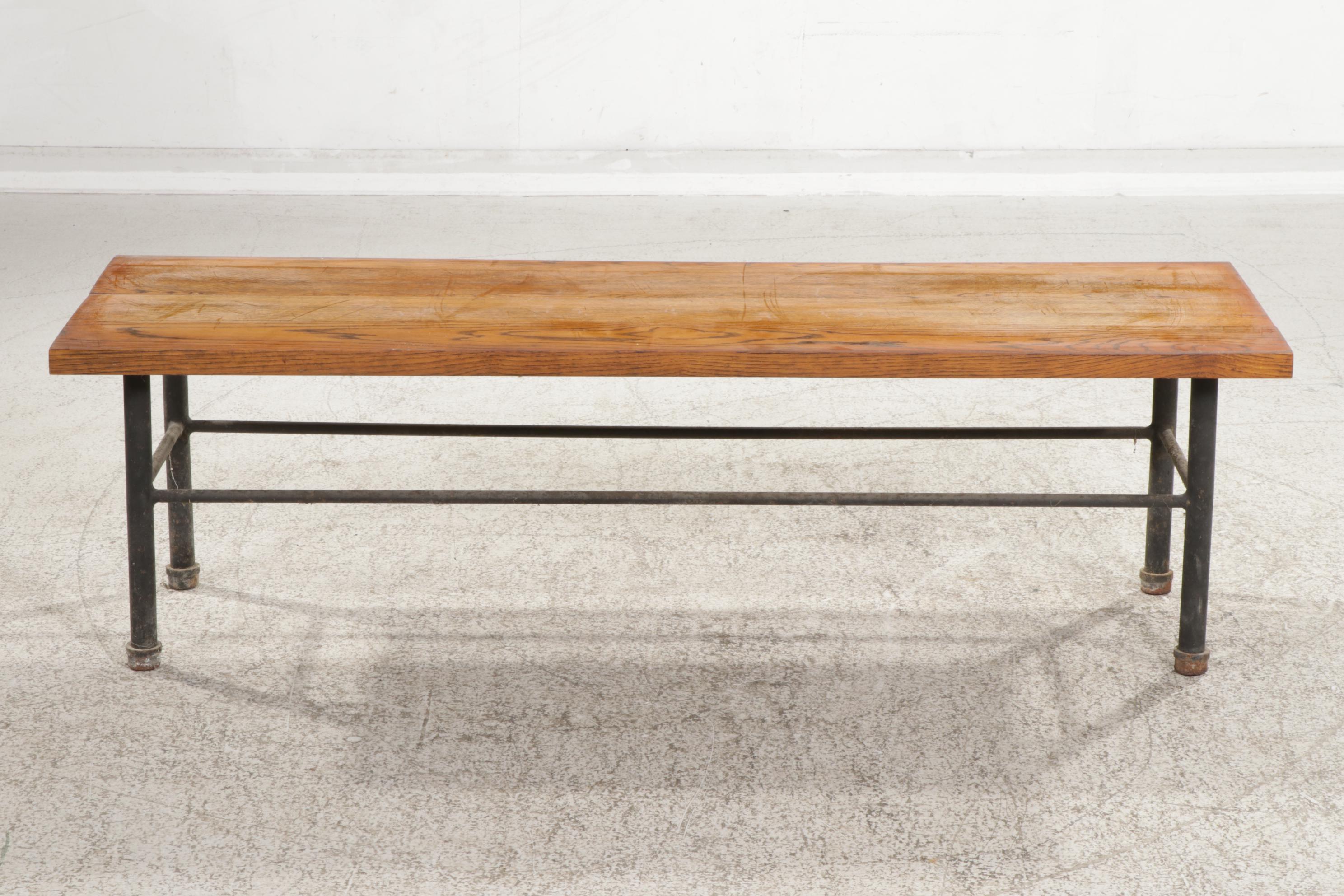 Industrial Style Oak and Iron Bench Coffee Table with Glass Panel