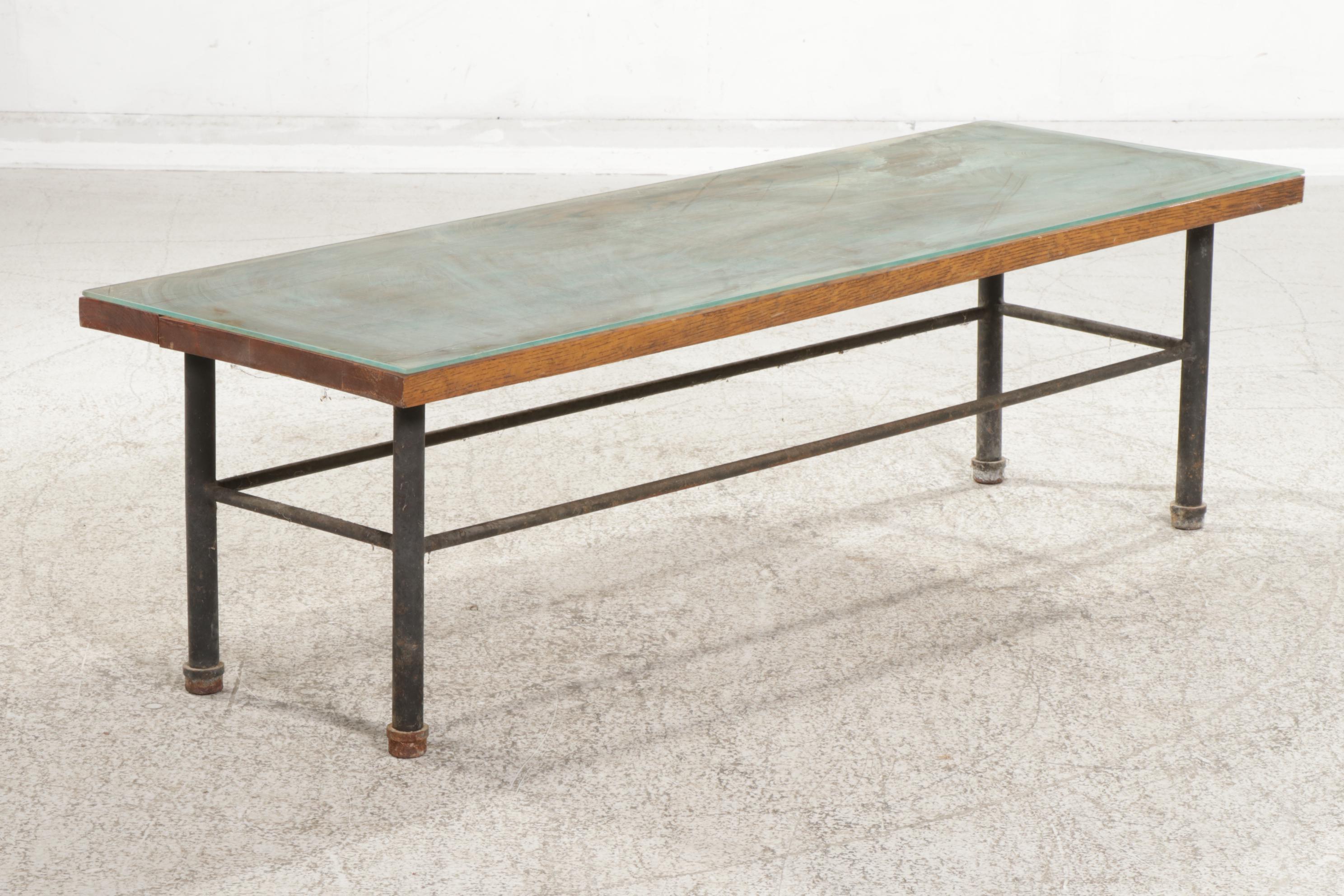 Industrial Style Oak and Iron Bench Coffee Table with Glass Panel