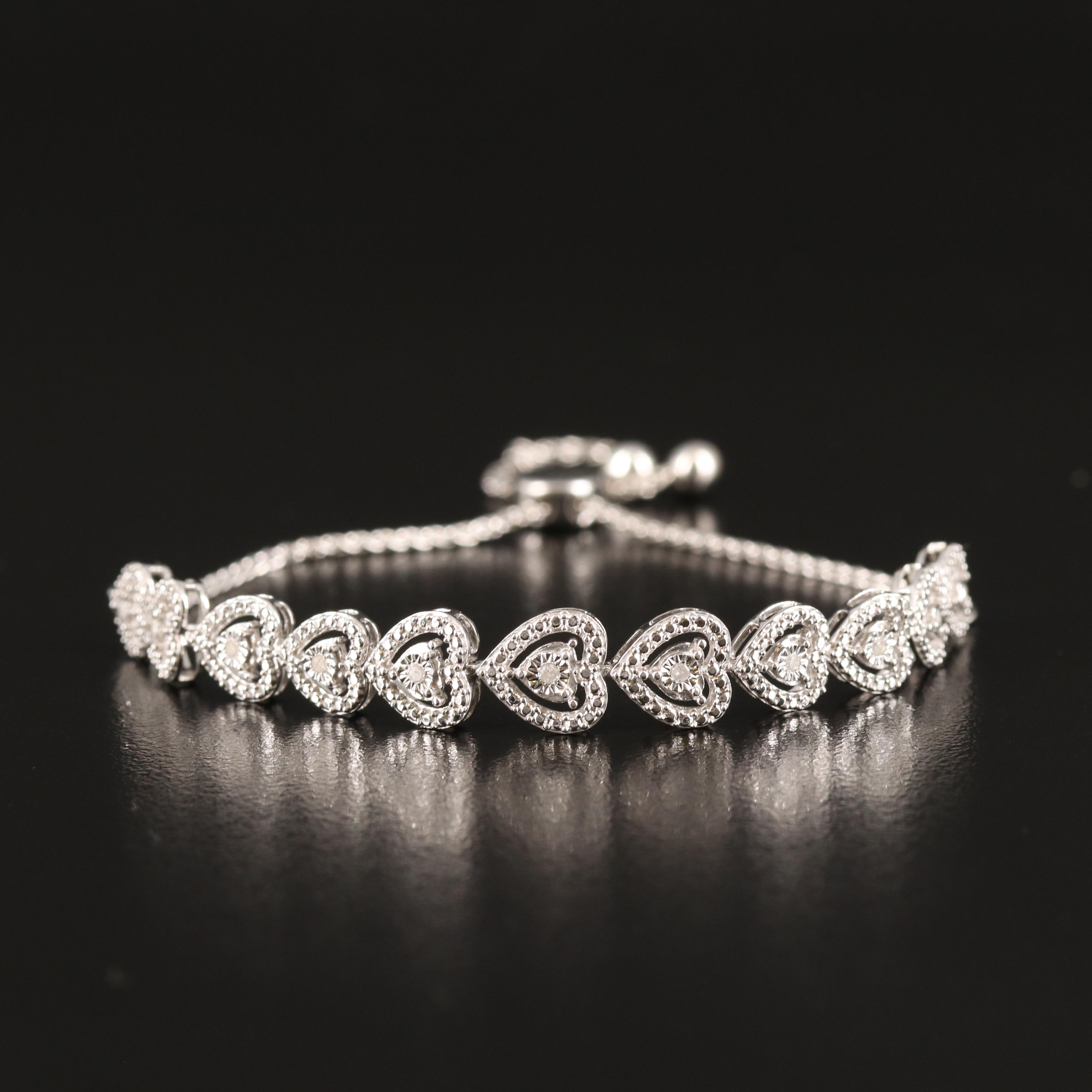 Diamond Heart Bolo Bracelet in Sterling