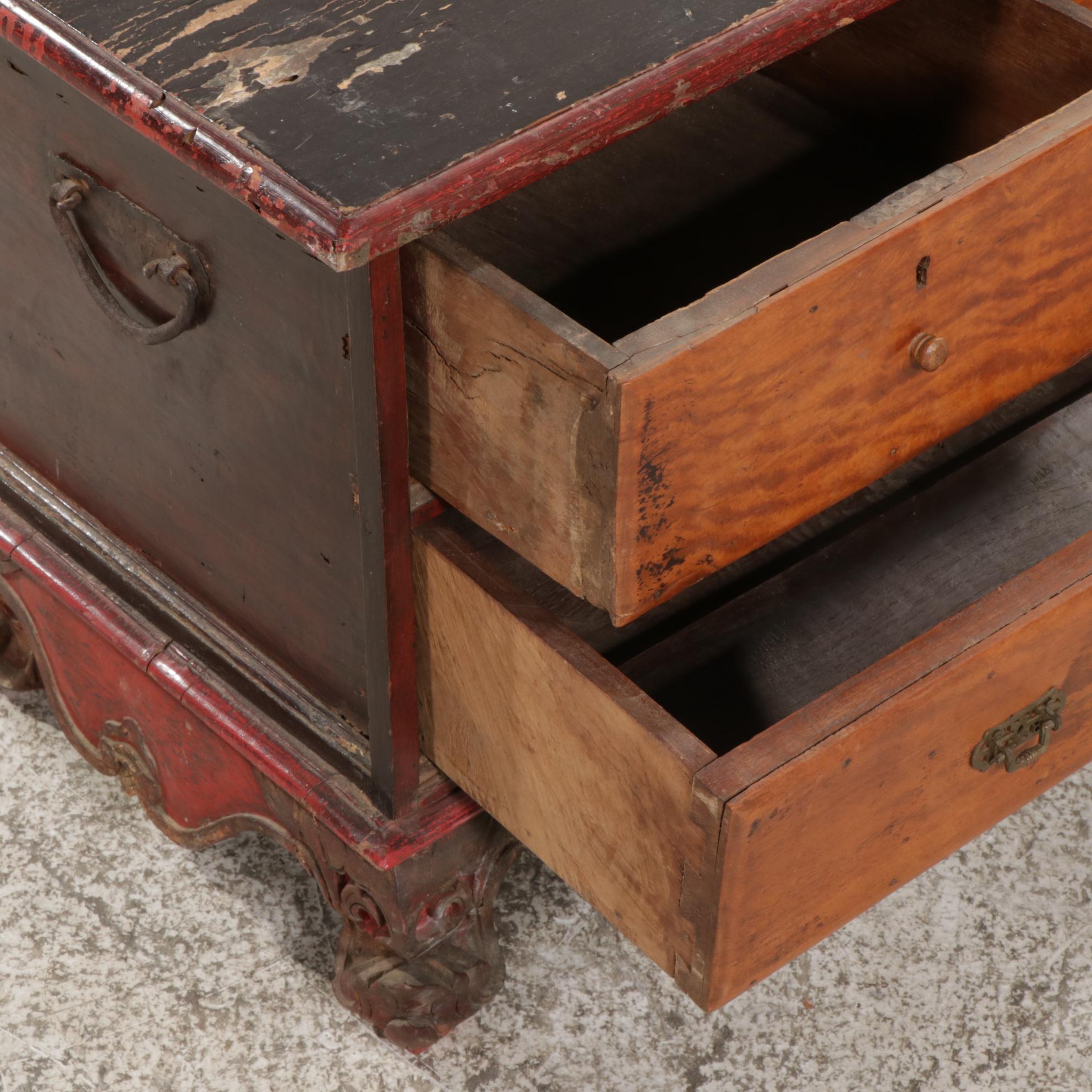 Indonesian Carved and Painted Wood Three-Drawer Chest, 19th Century