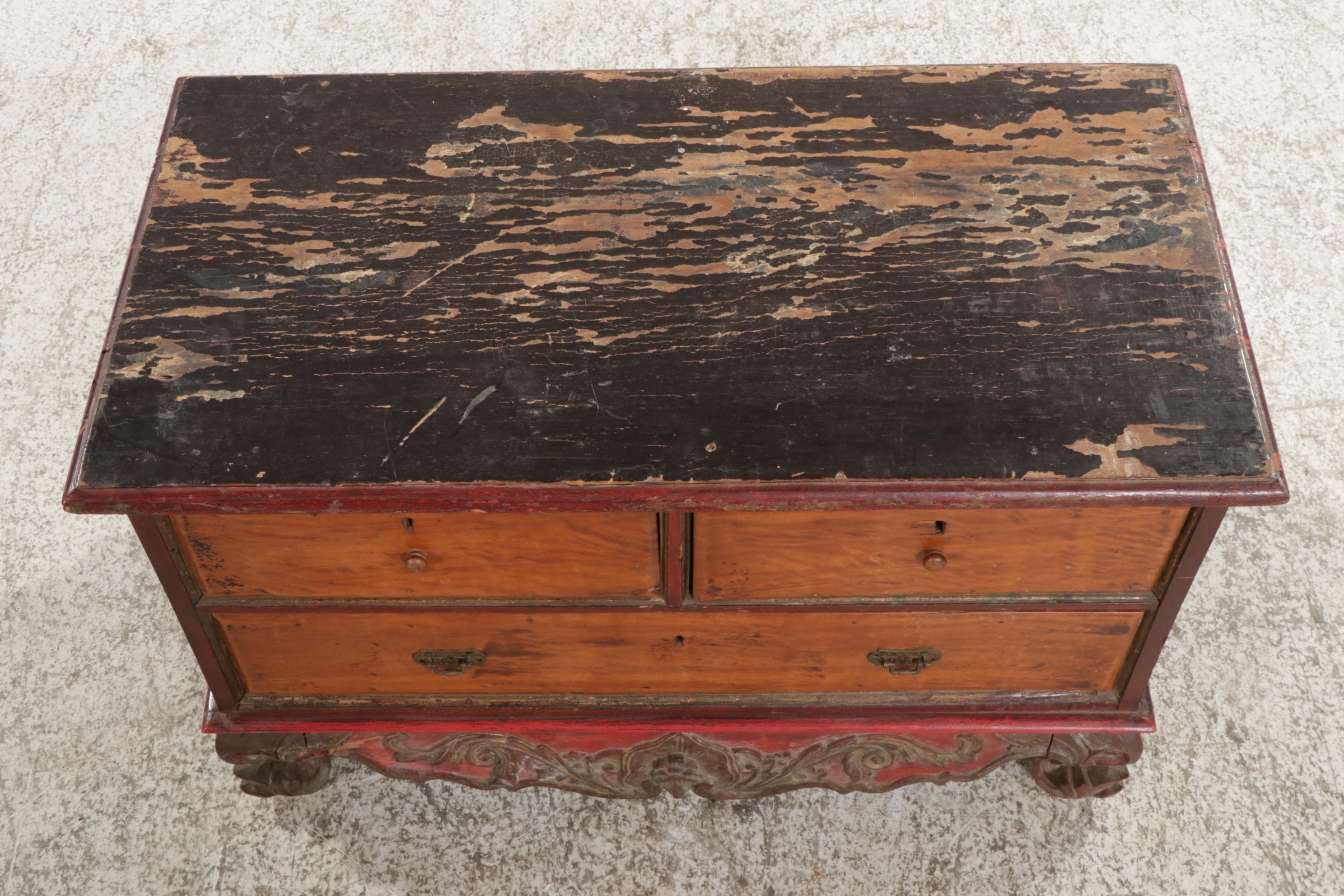 Indonesian Carved and Painted Wood Three-Drawer Chest, 19th Century