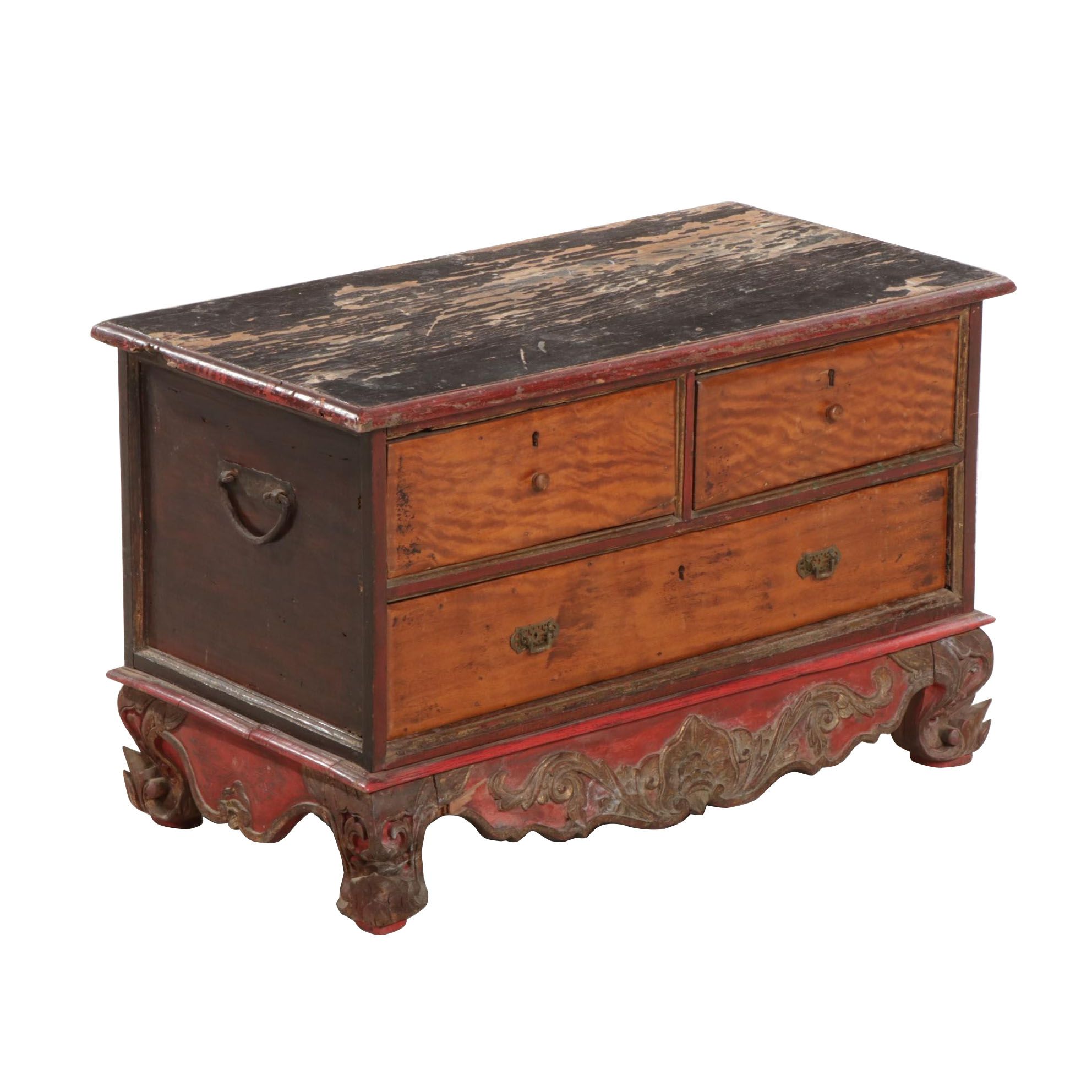 Indonesian Carved and Painted Wood Three-Drawer Chest, 19th Century