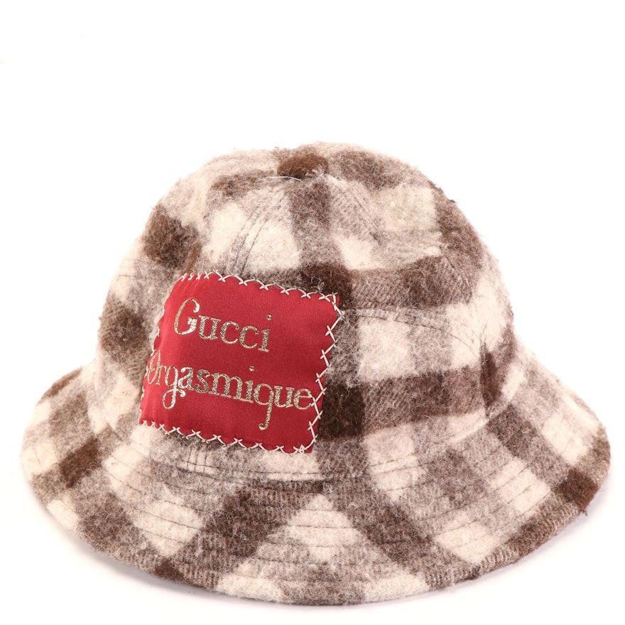 Gucci "Orgasmique" Patch Bucket Hat in Wool Check