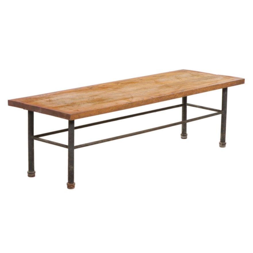Industrial Style Oak and Iron Bench Coffee Table with Glass Panel