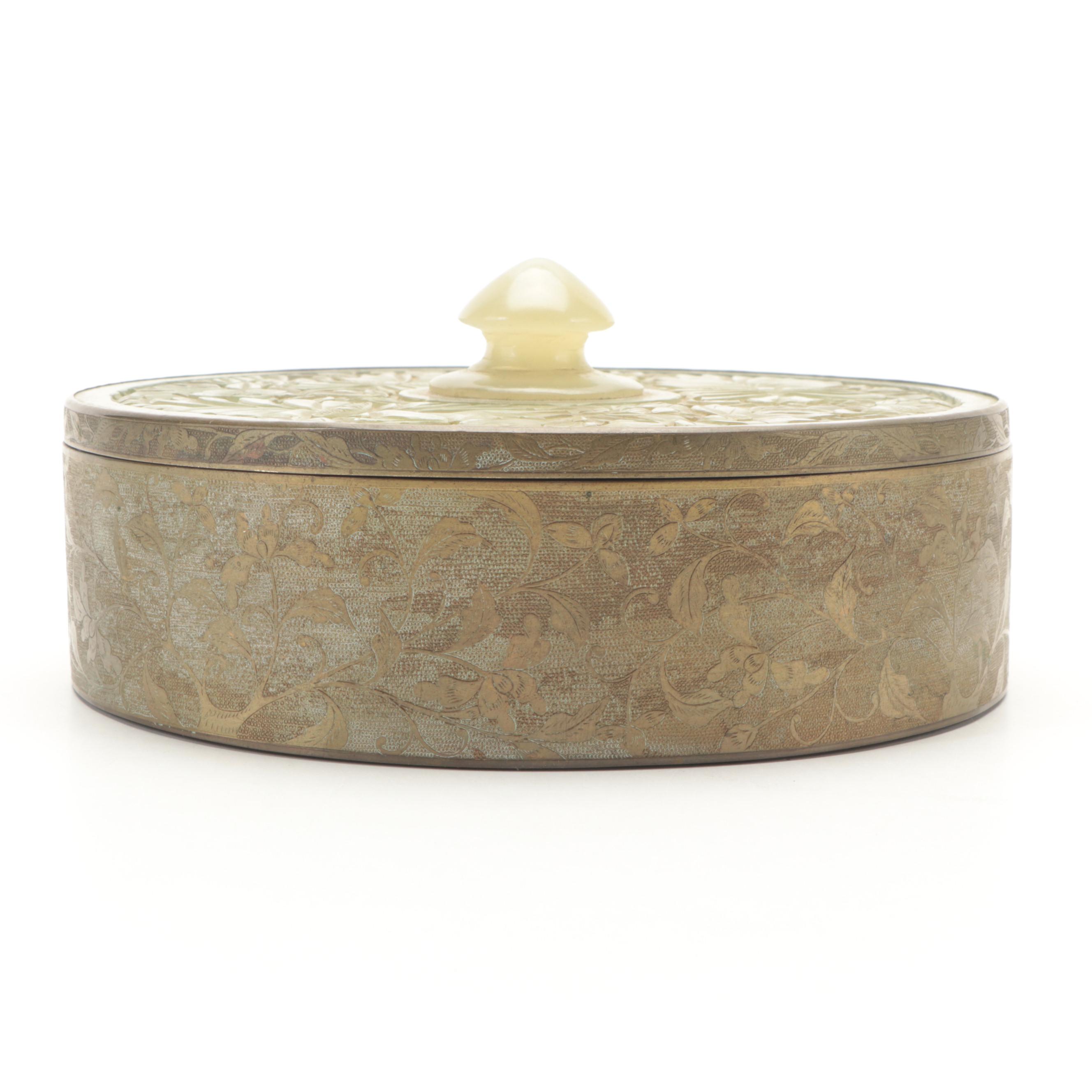 Chinese Chased Brass Box with Carved Serpentine Lid and Glass Insert