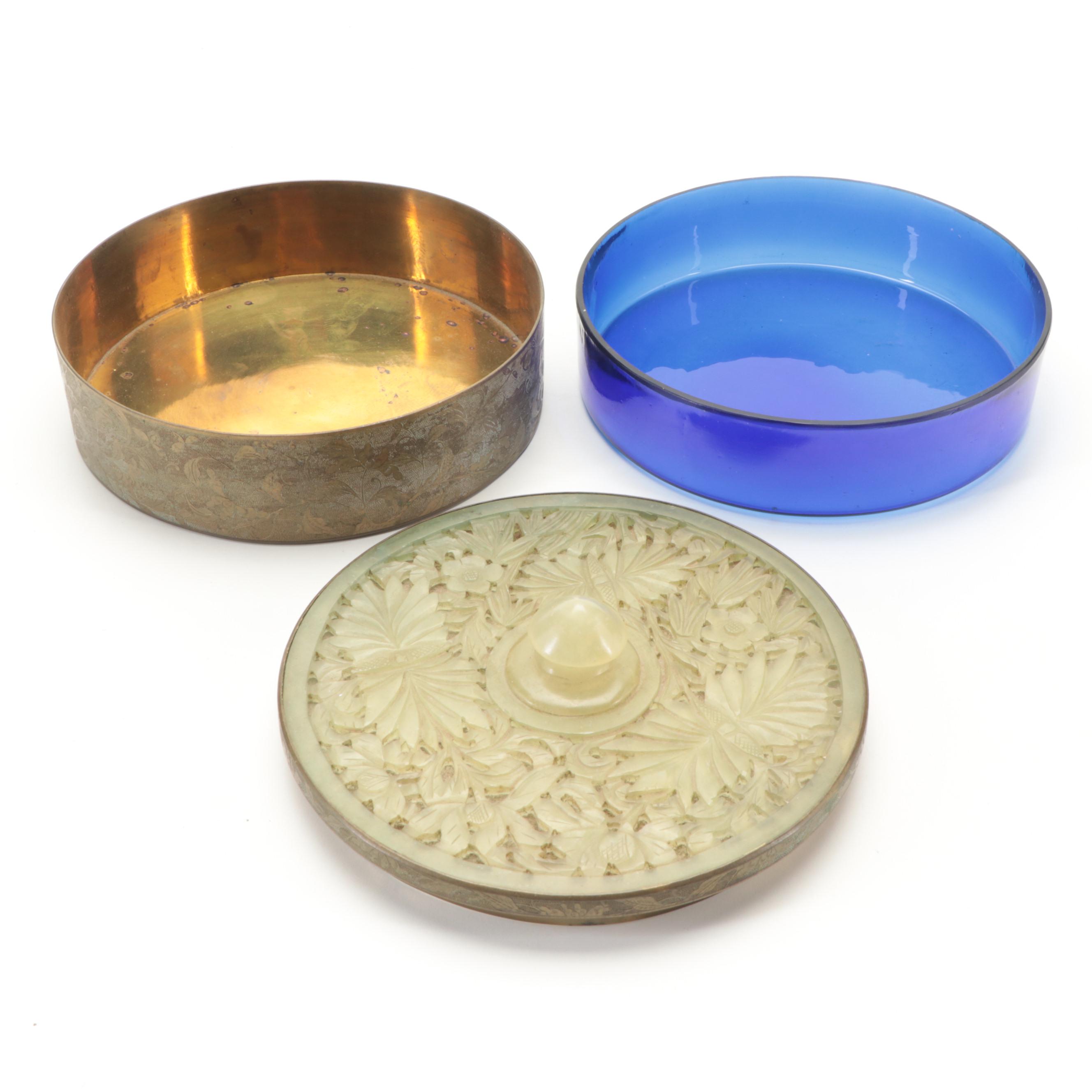 Chinese Chased Brass Box with Carved Serpentine Lid and Glass Insert