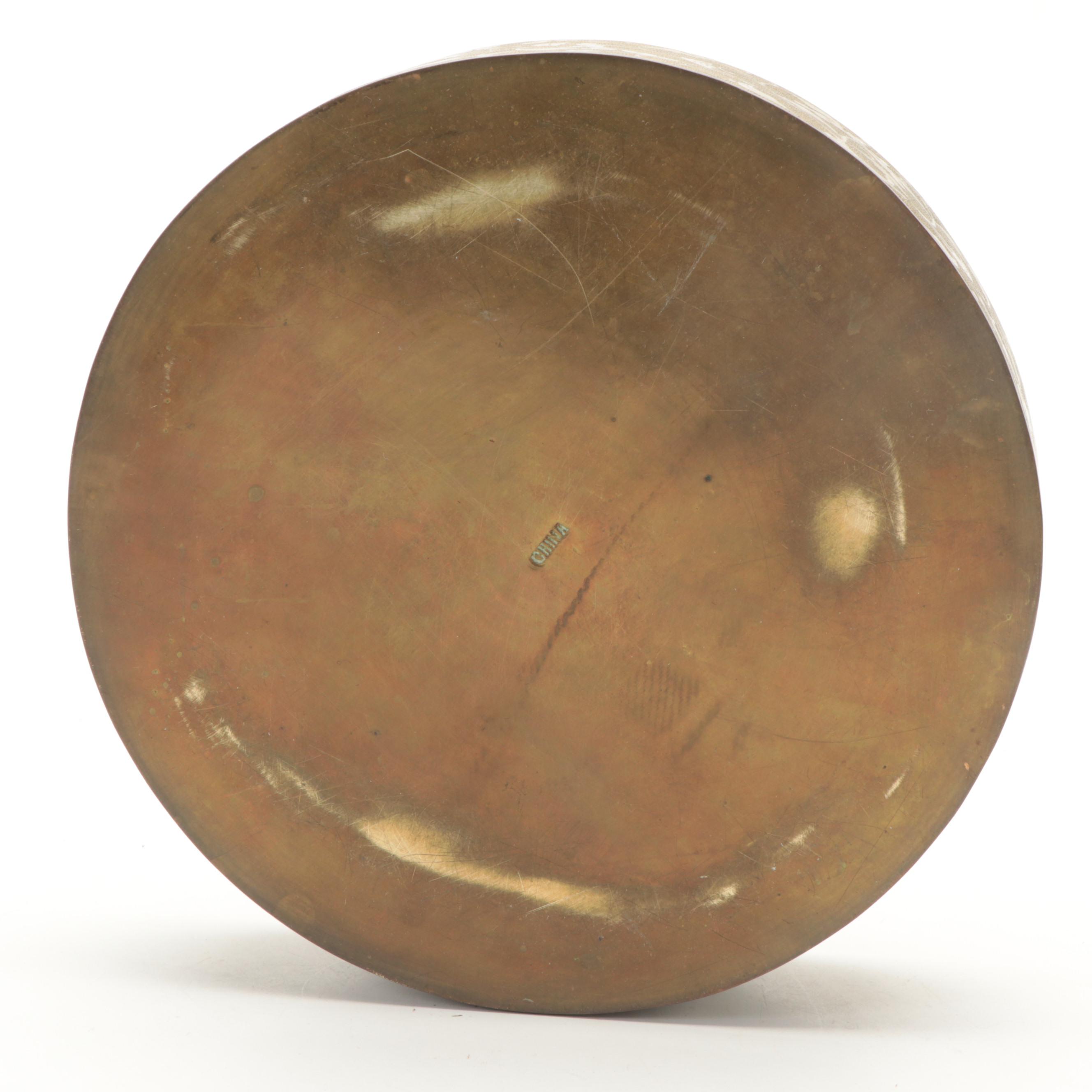 Chinese Chased Brass Box with Carved Serpentine Lid and Glass Insert