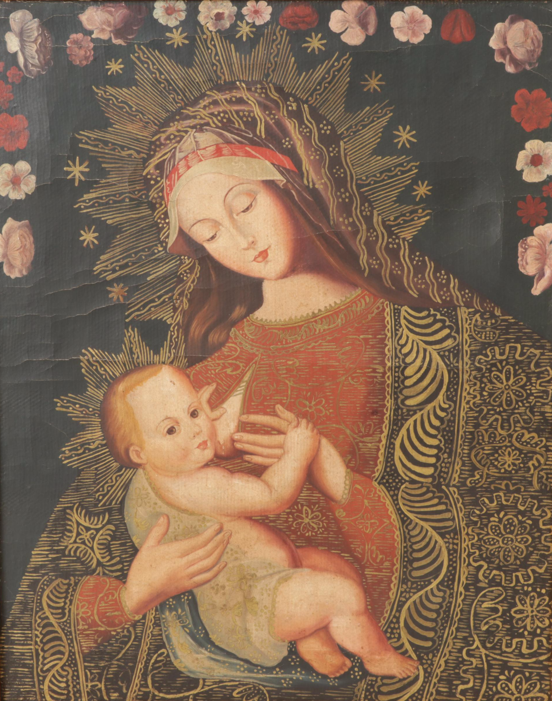Cuzco School Tempera Painting "Madonna Lactans," Early 20th Century