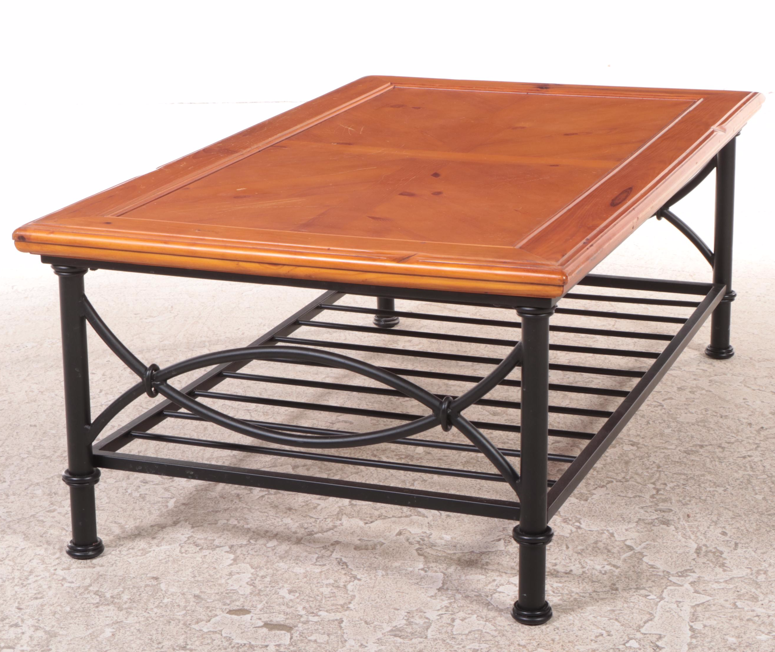 Black-Painted Metal and Pine Top Coffee Table