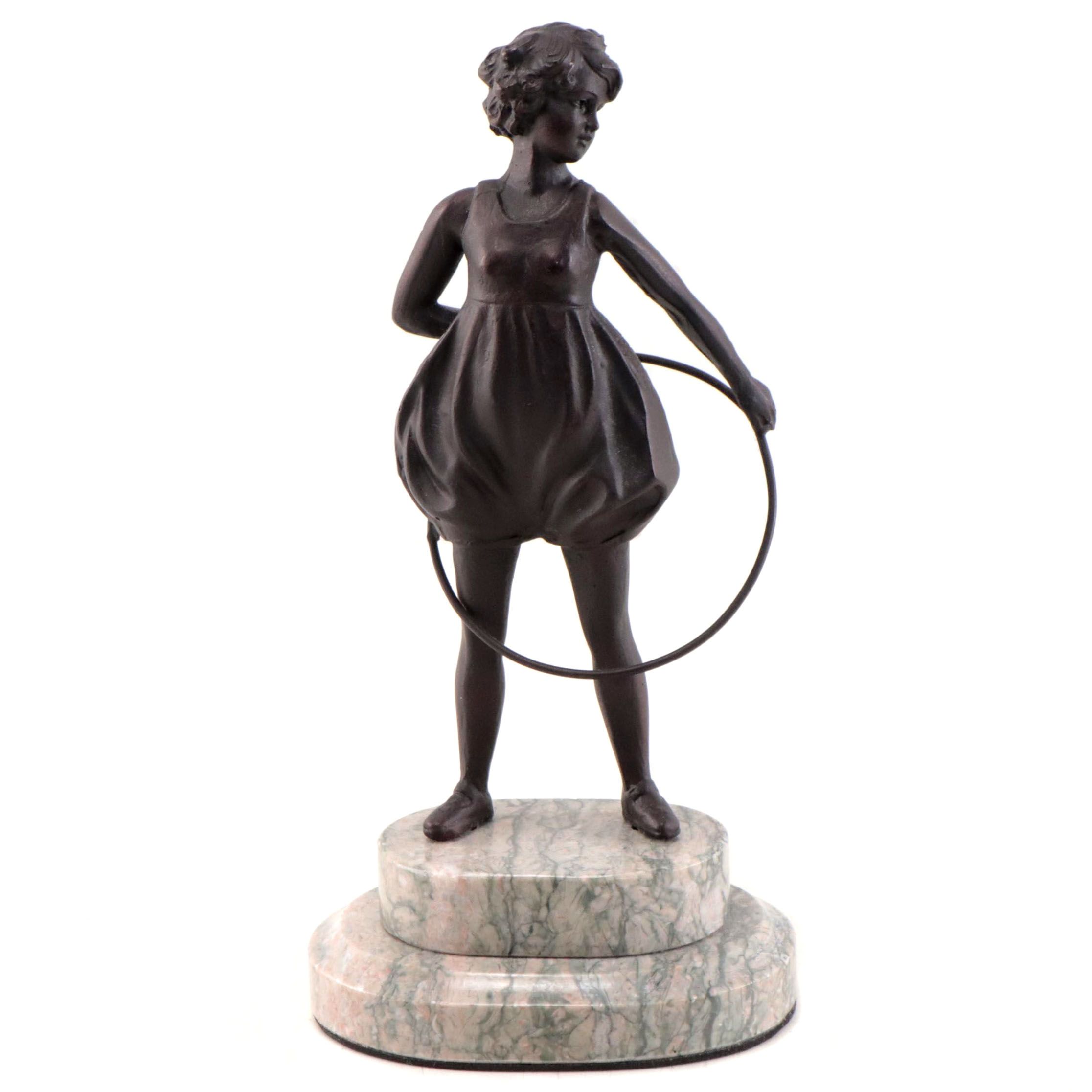 Patinated Spelter Sculpture After Ferdinand Preiss "Hoop Girl"