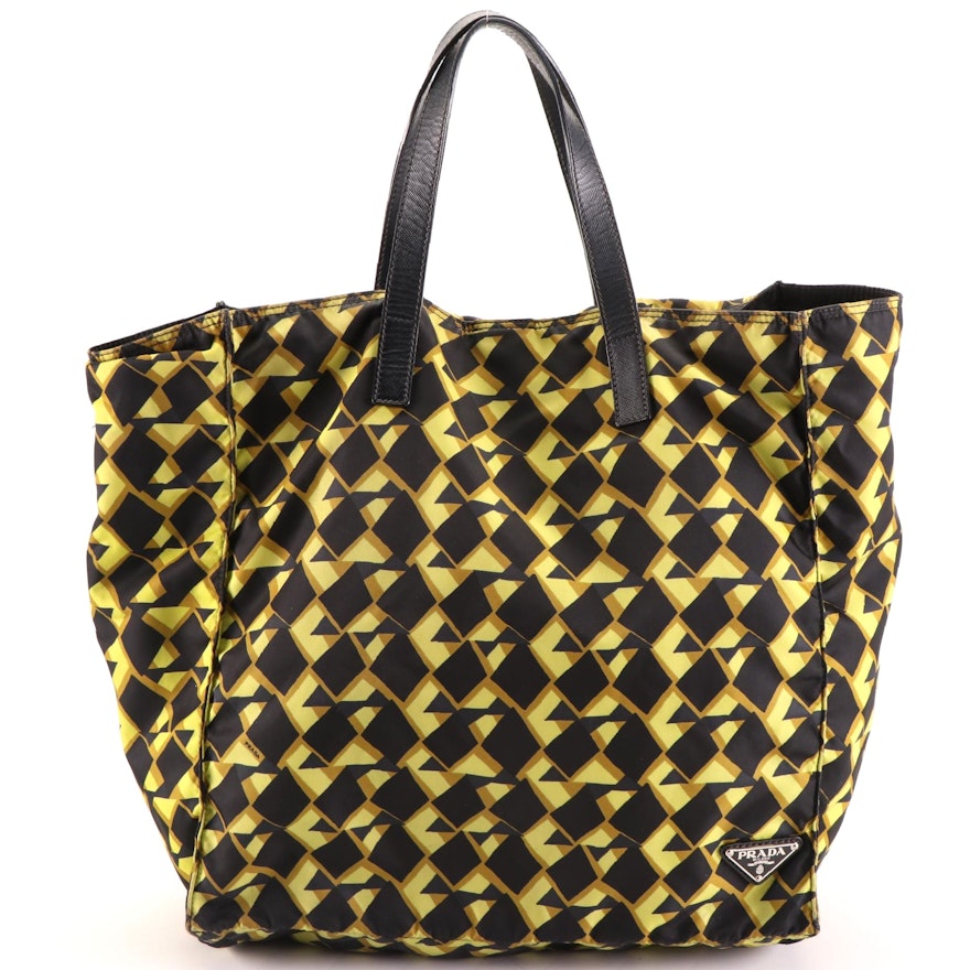 Prada Large Tote Bag in Printed Nylon Gabardine and Saffiano Leather w/Strap