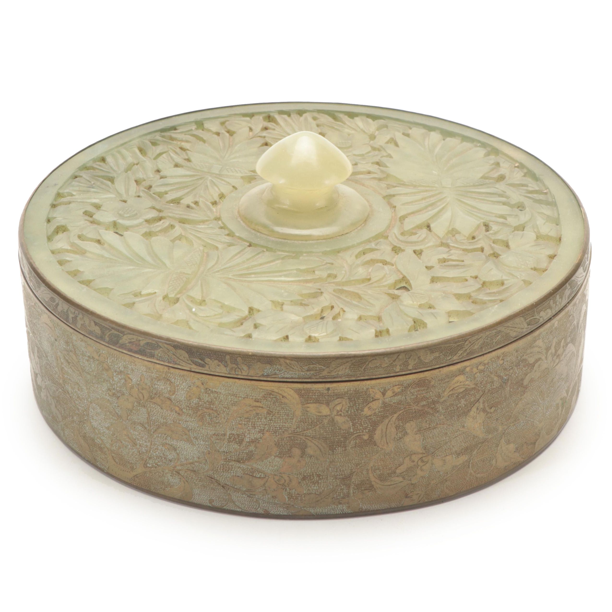 Chinese Chased Brass Box with Carved Serpentine Lid and Glass Insert