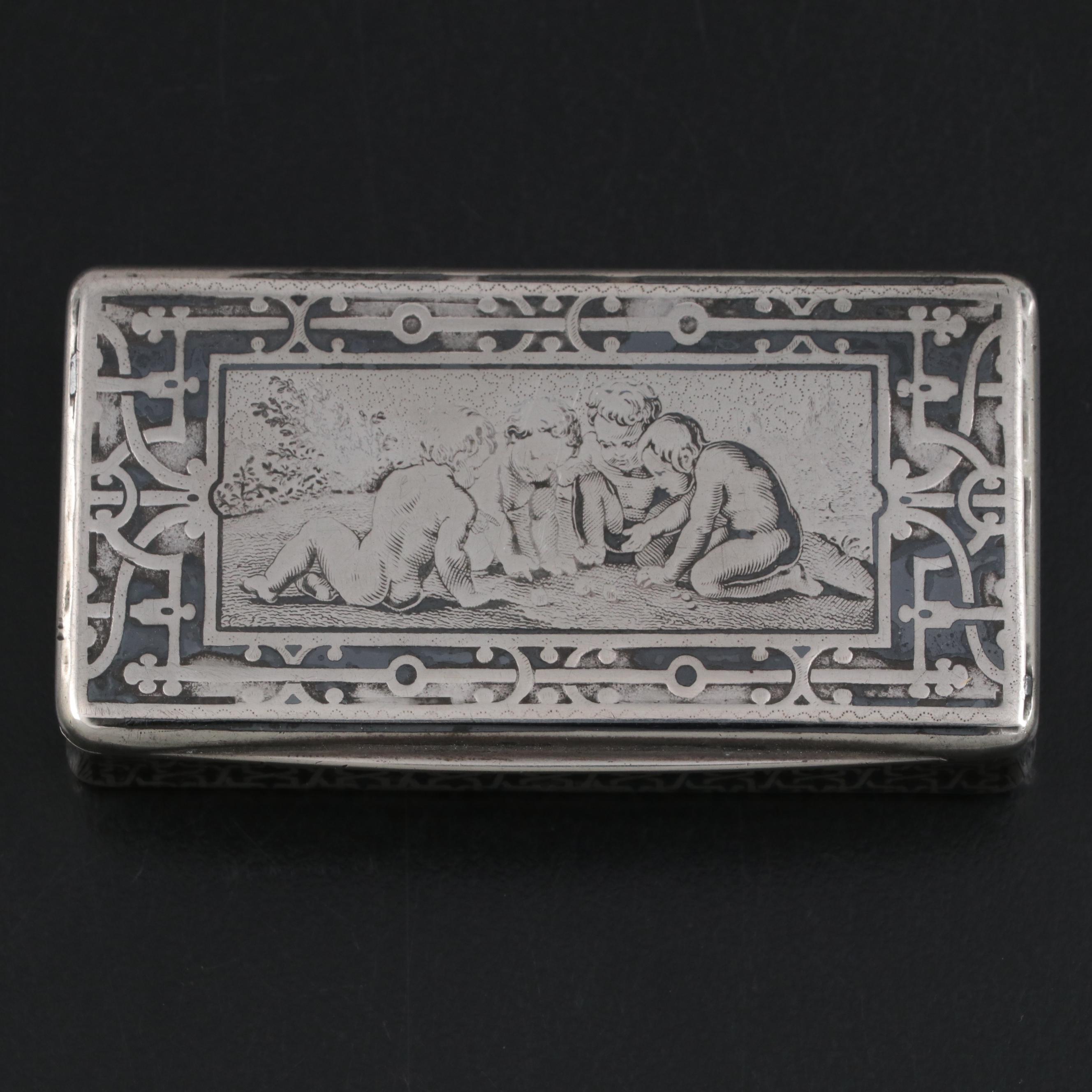 French 800 Silver Niello Putti Motif Snuff Box, 19th Century