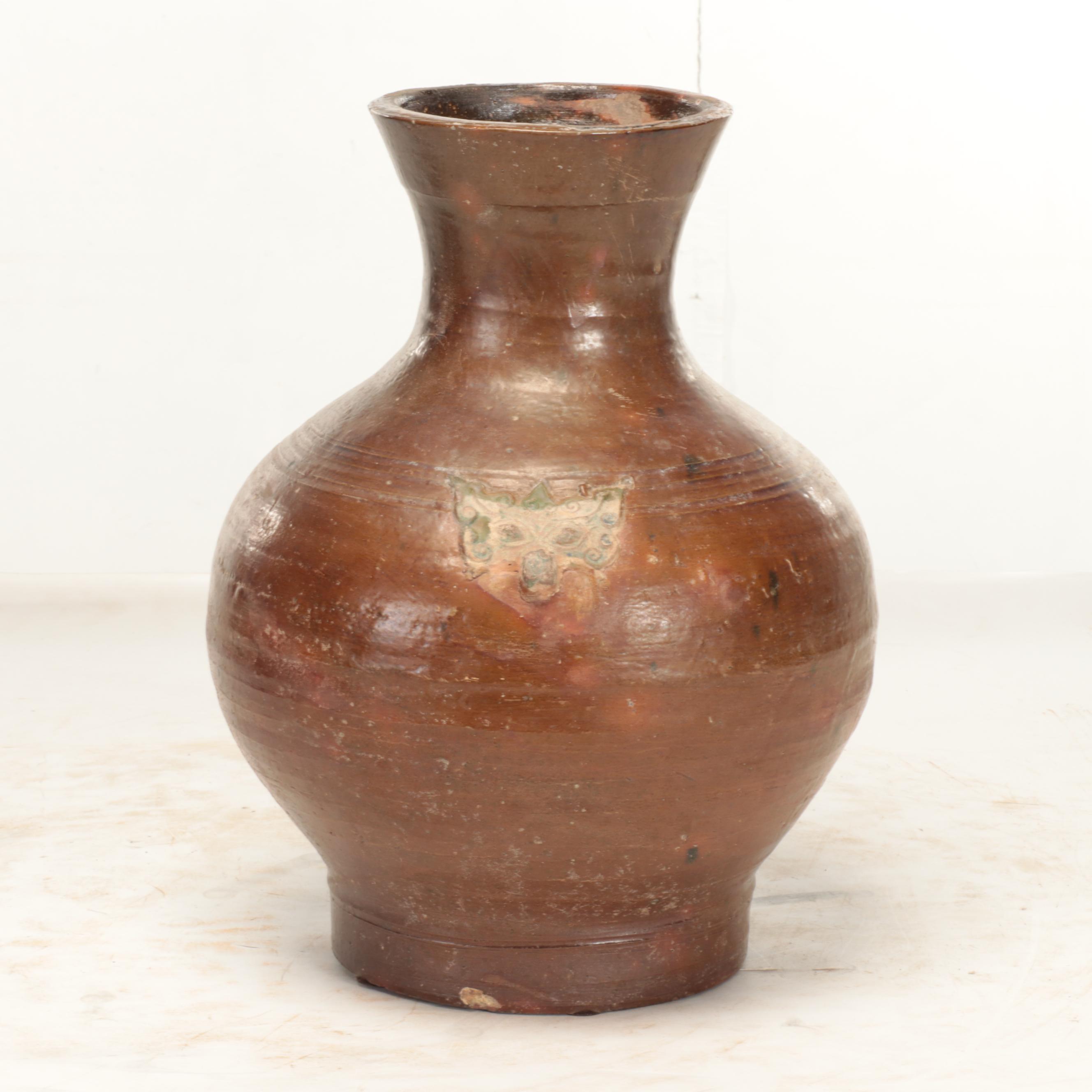 Chinese Glazed Stoneware Vase with Other Tab Handle 3-Gallon Stoneware Jar