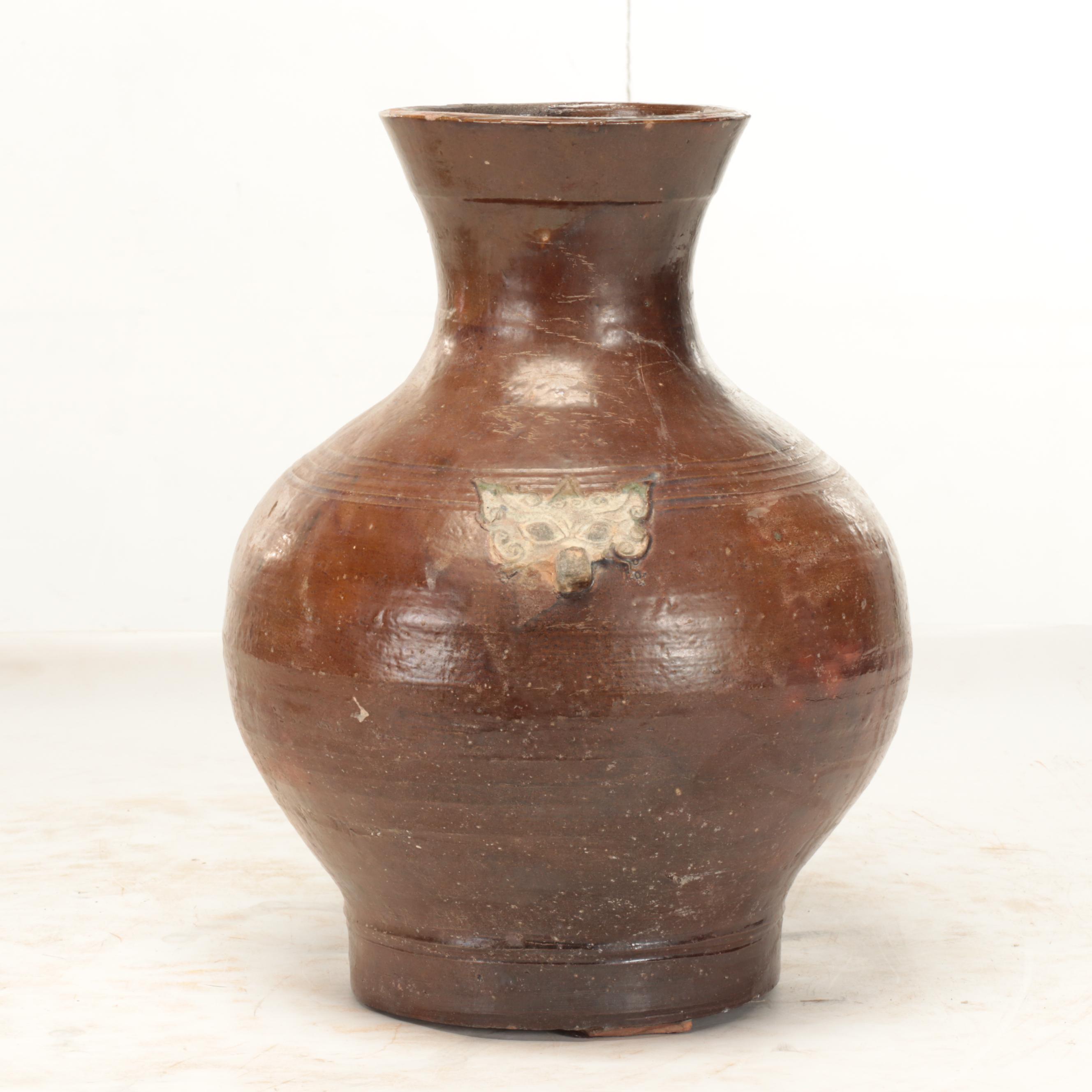 Chinese Glazed Stoneware Vase with Other Tab Handle 3-Gallon Stoneware Jar
