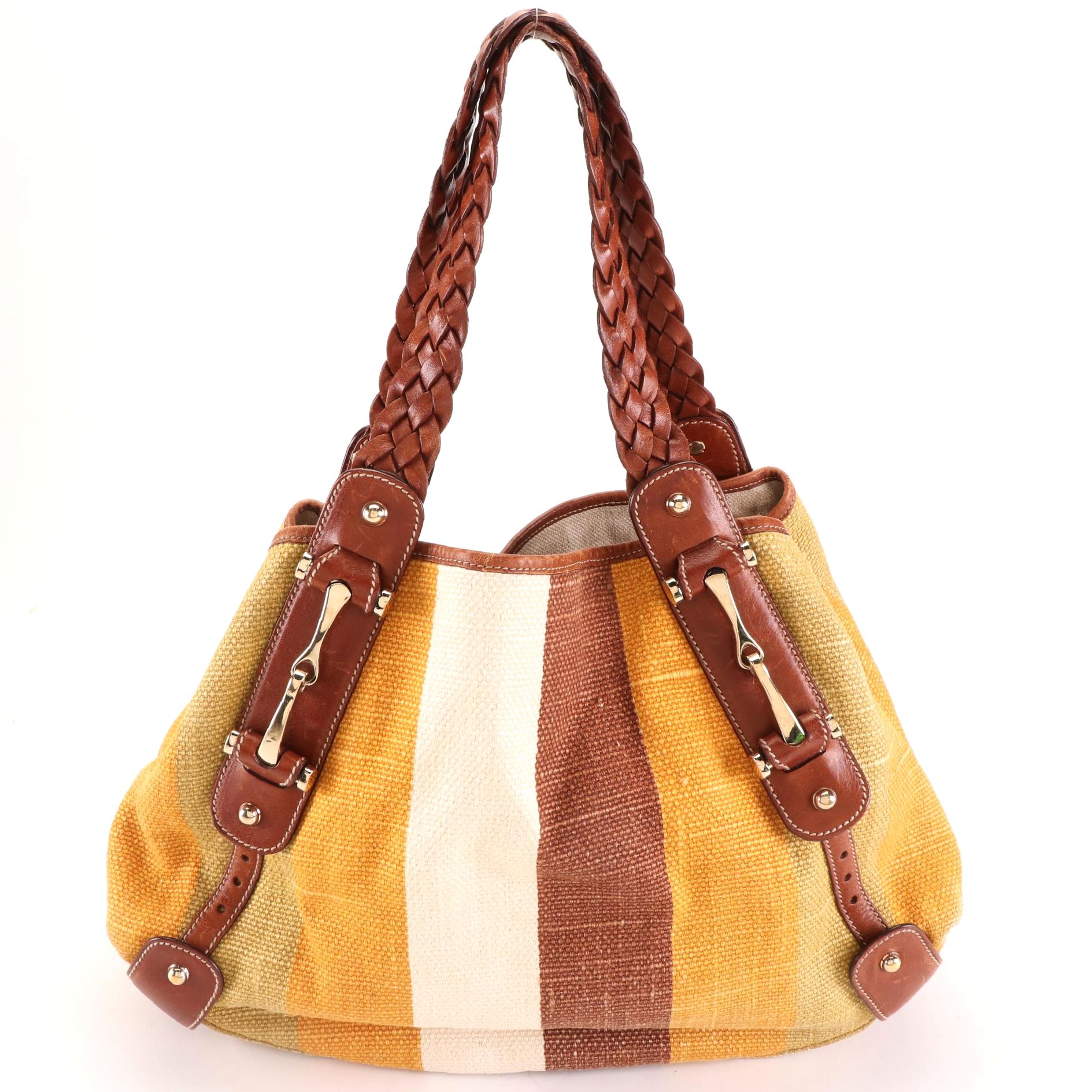 Gucci Pelham Striped Raffia and Leather Shoulder Bag