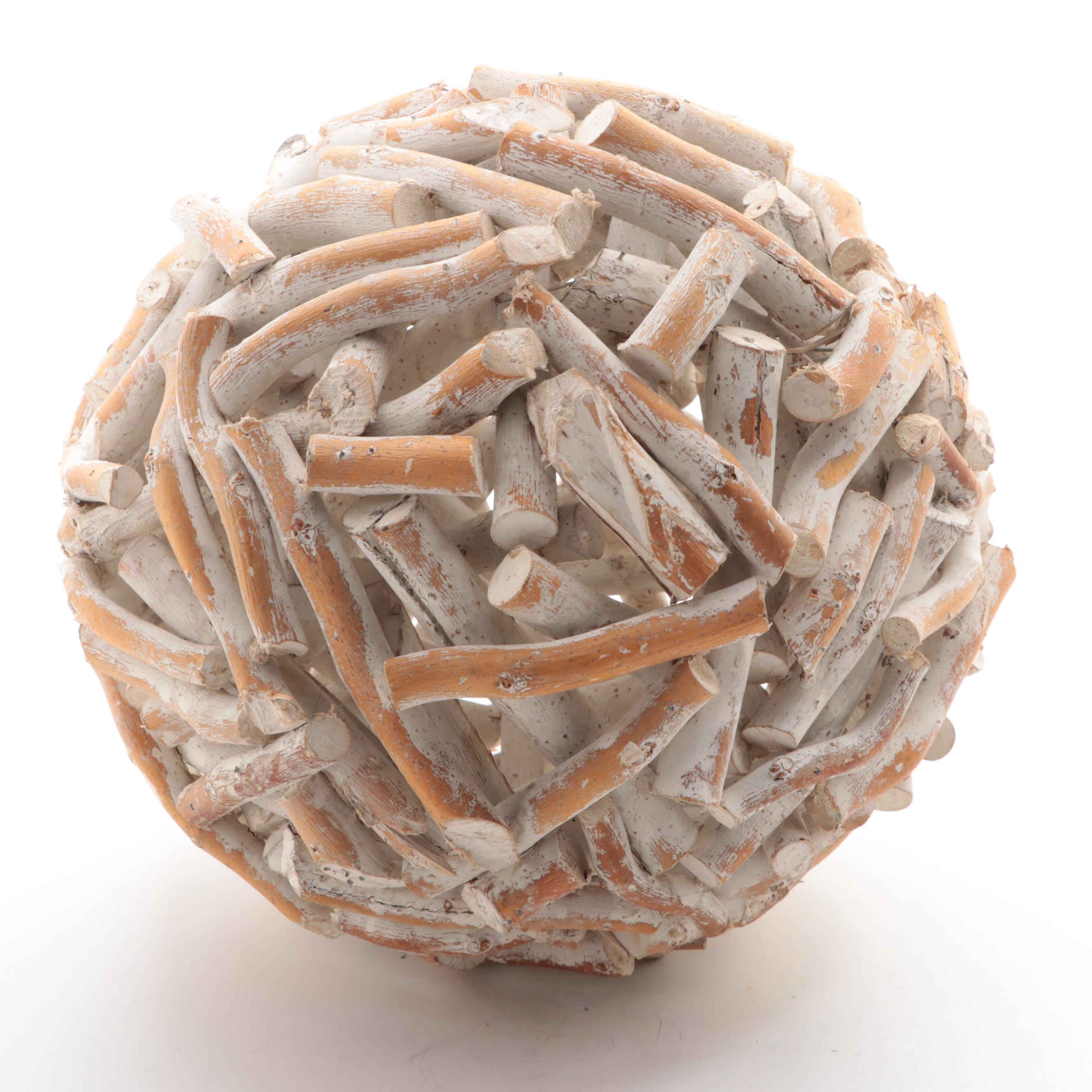 Vintage Polychrome Painted Carved Mexican Mask with Whitewashed Driftwood Sphere