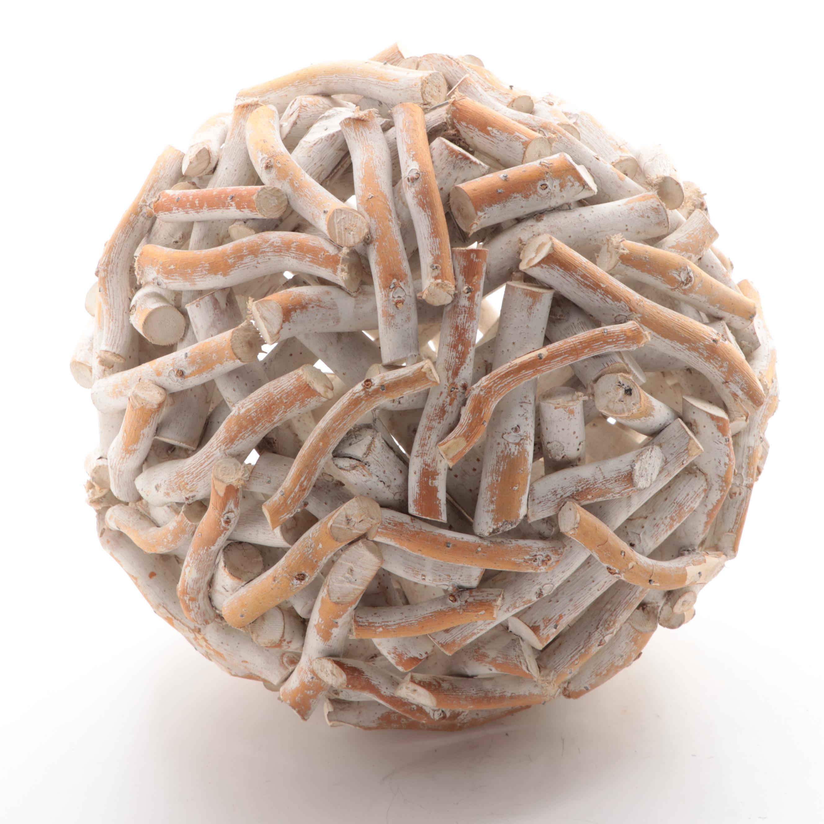 Vintage Polychrome Painted Carved Mexican Mask with Whitewashed Driftwood Sphere