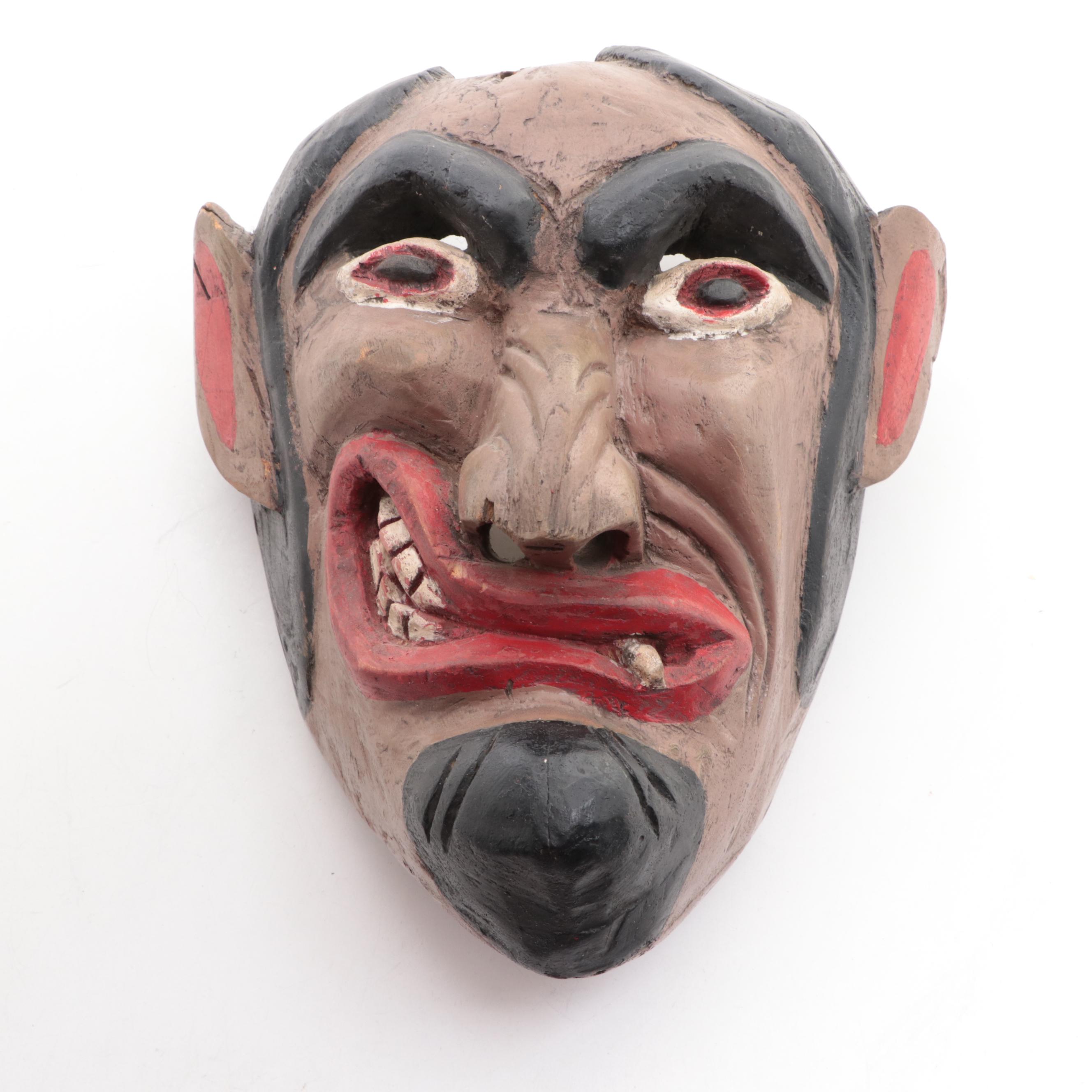 Vintage Polychrome Painted Carved Mexican Mask with Whitewashed Driftwood Sphere