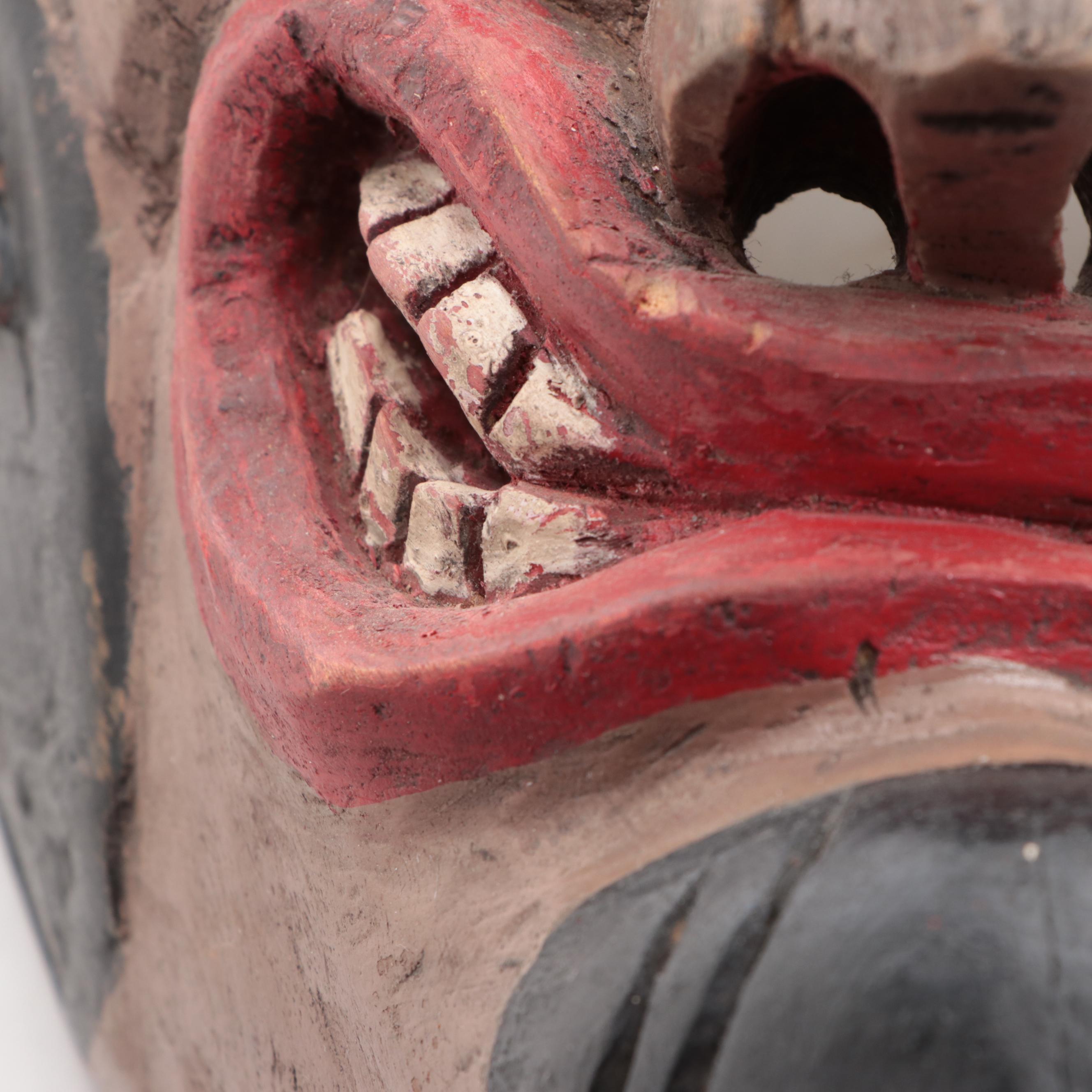 Vintage Polychrome Painted Carved Mexican Mask with Whitewashed Driftwood Sphere