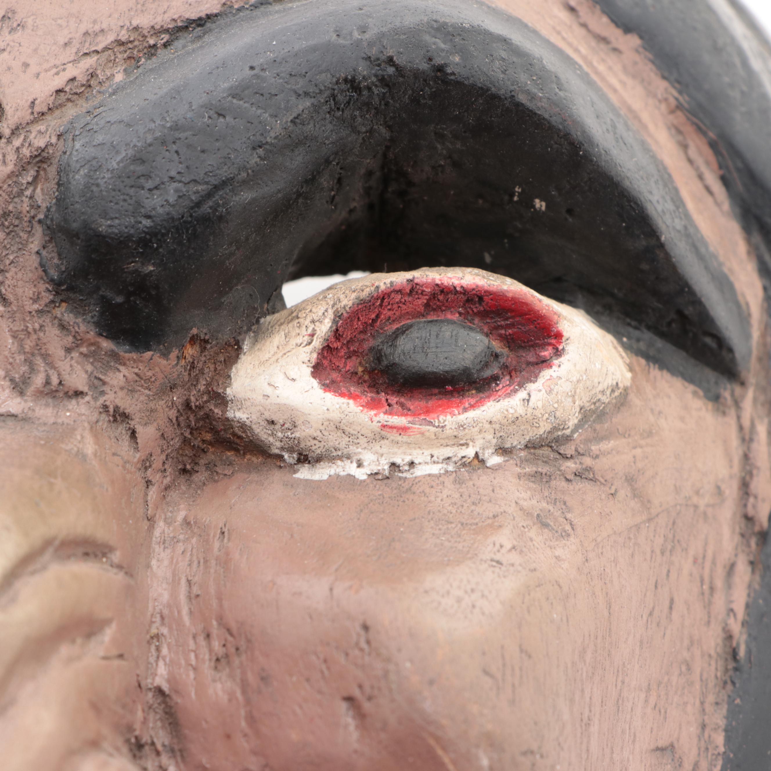 Vintage Polychrome Painted Carved Mexican Mask with Whitewashed Driftwood Sphere