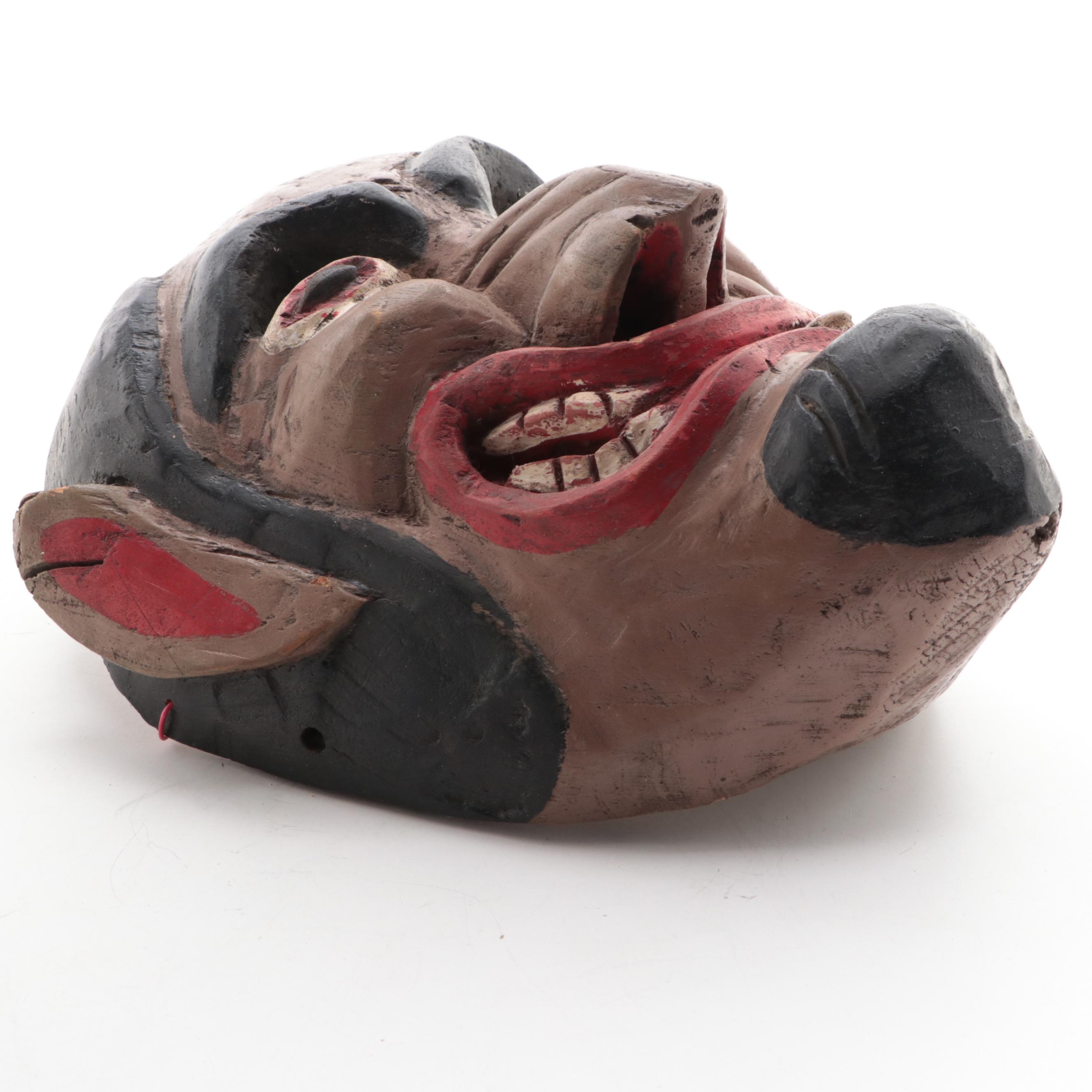 Vintage Polychrome Painted Carved Mexican Mask with Whitewashed Driftwood Sphere