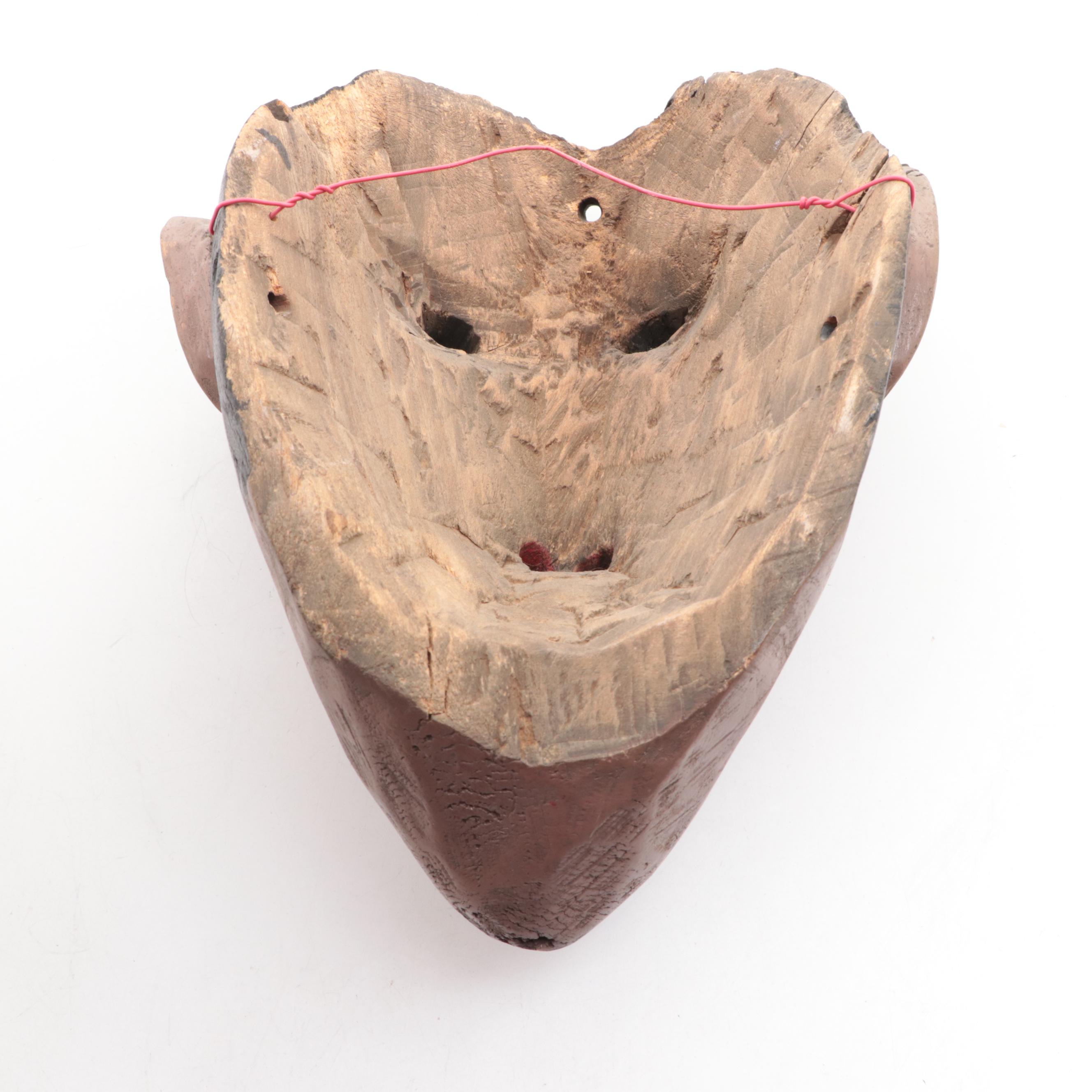 Vintage Polychrome Painted Carved Mexican Mask with Whitewashed Driftwood Sphere