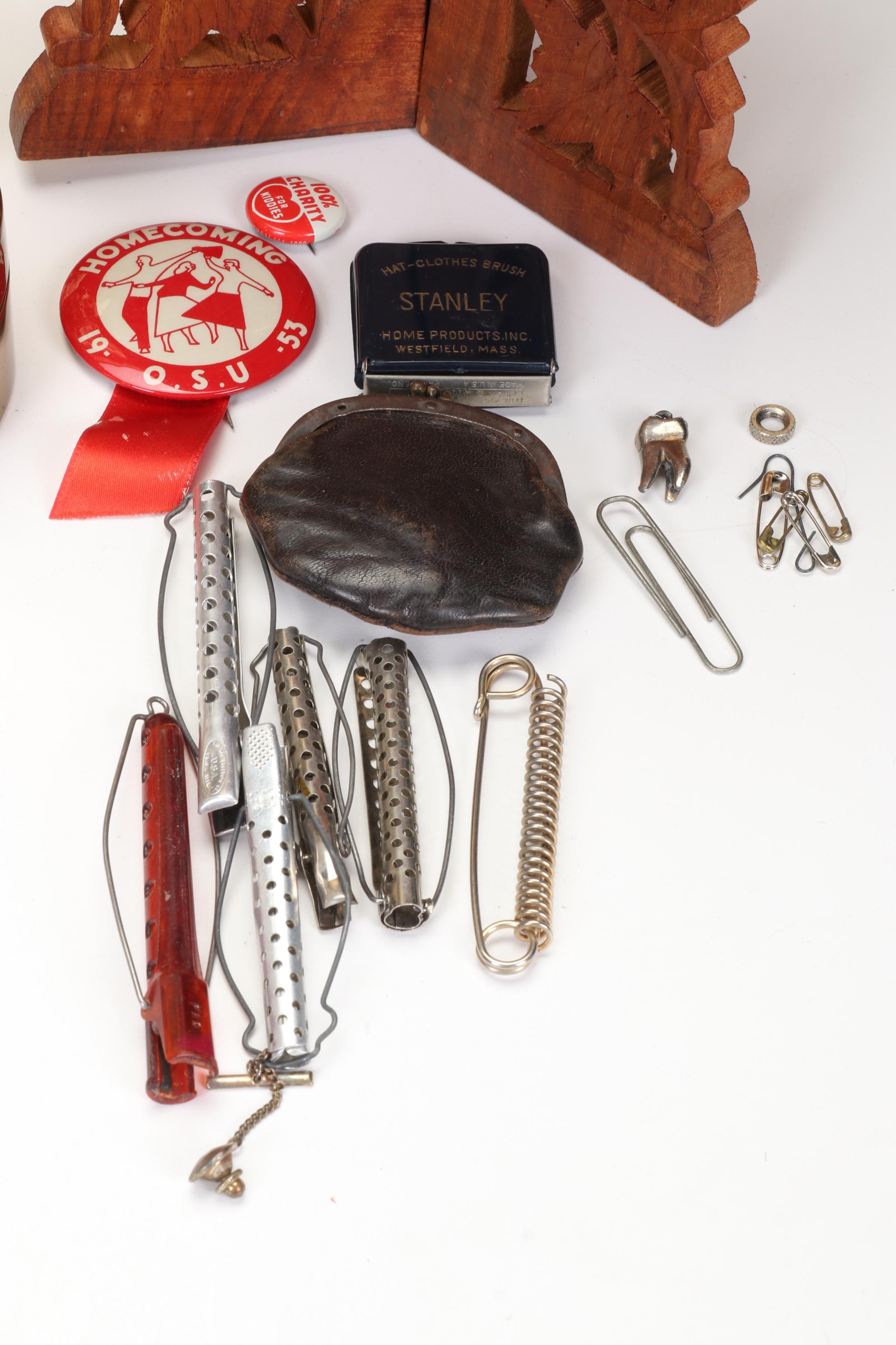 Pressed Brass Wall Hanging, Carved Wood Plant Stand, Schrafft's Candy Box & More